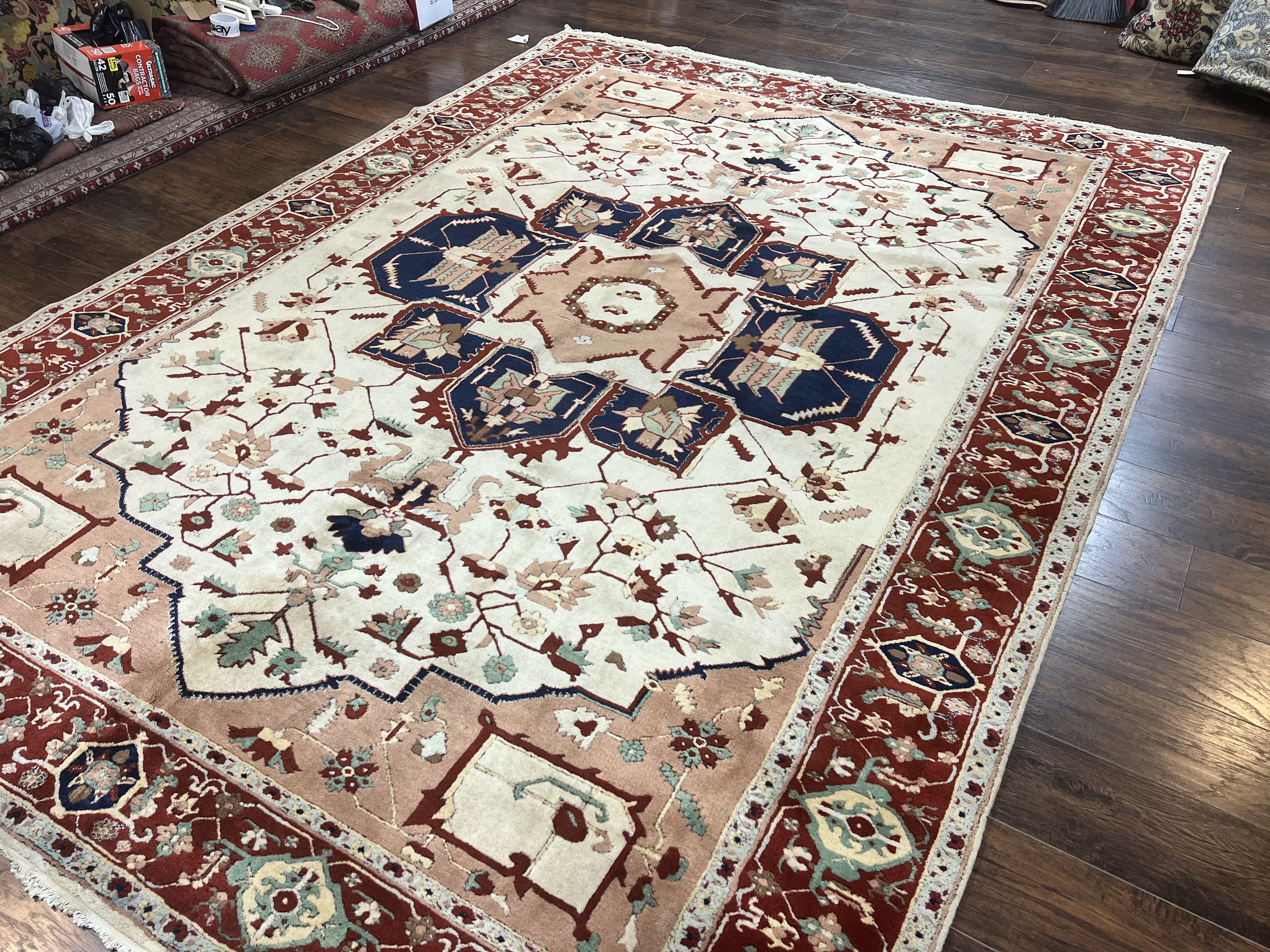 Indo Heriz Rug 9x12, Geometric Indo Persian Room Sized Decorative Area Rug 9 x 12 ft, Cream Navy Blue Pink Handmade Vintage Wool Carpet - Jewel Rugs