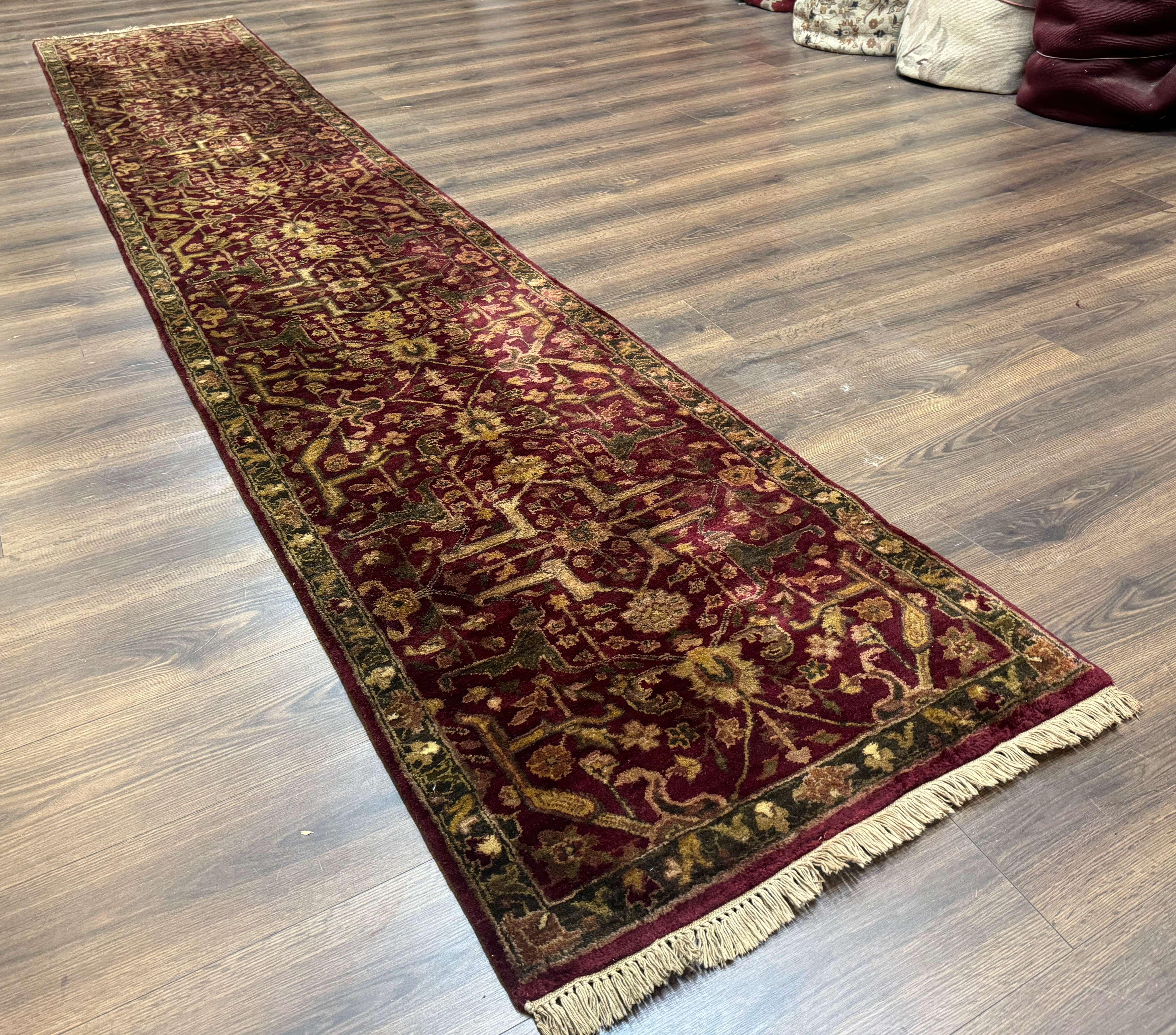 Indo Persian Runner Rug 2.7 x 13.8, Maroon, Wool, Handmade Indian Rug for Hallway - Jewel Rugs