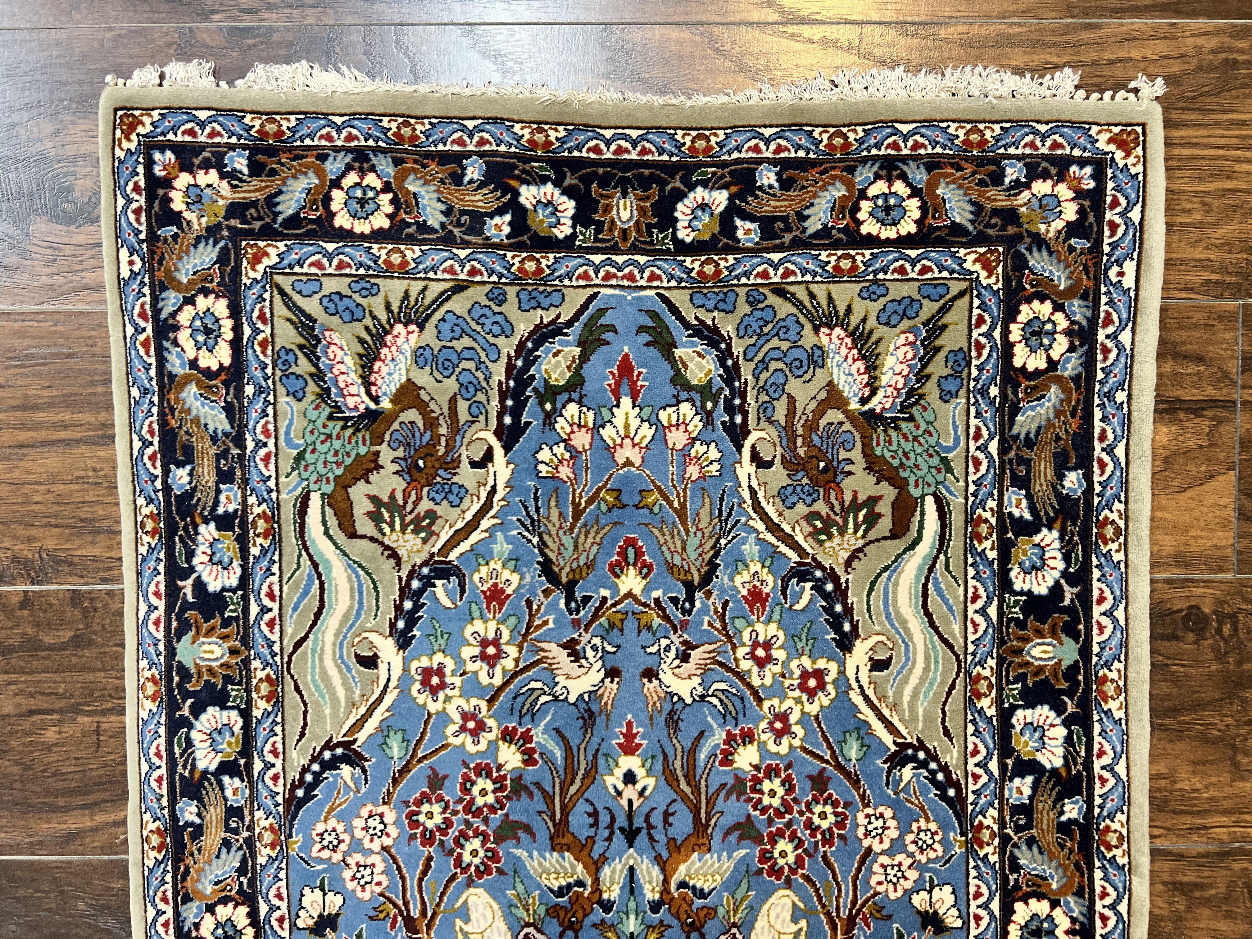 Persian Isfahan Tree of Life Rug 2.5 x 3.8, Animal & Bird Pictorials, Super Fine 500 KSPI, Blue, Handmade, Kork Wool Silk Highlights, Vintage - Jewel Rugs