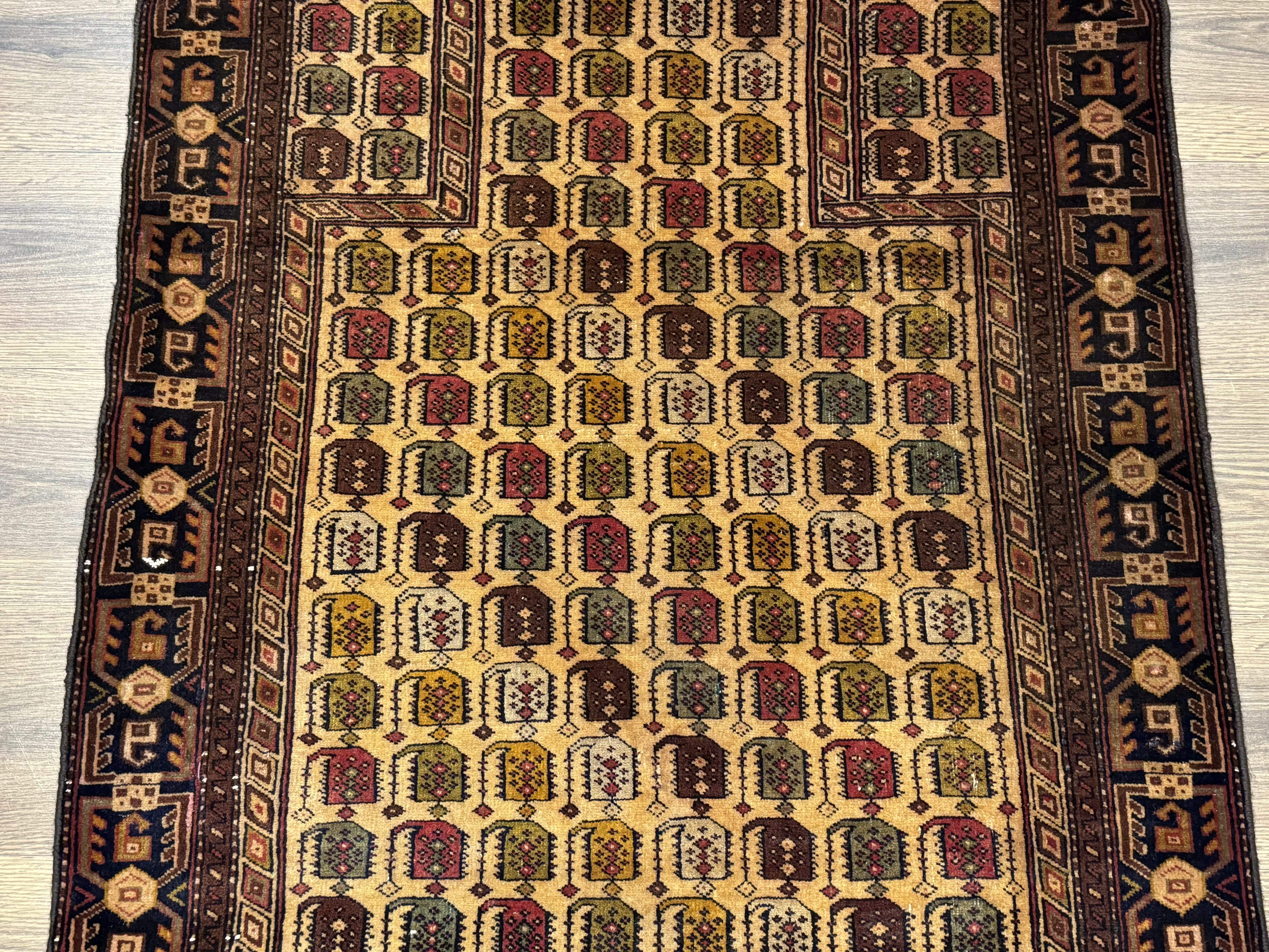 Persian Baluchi Prayer Rug 3x5 – Repeated Boteh Design, Golden-Tan, Handmade Wool Carpet - Jewel Rugs