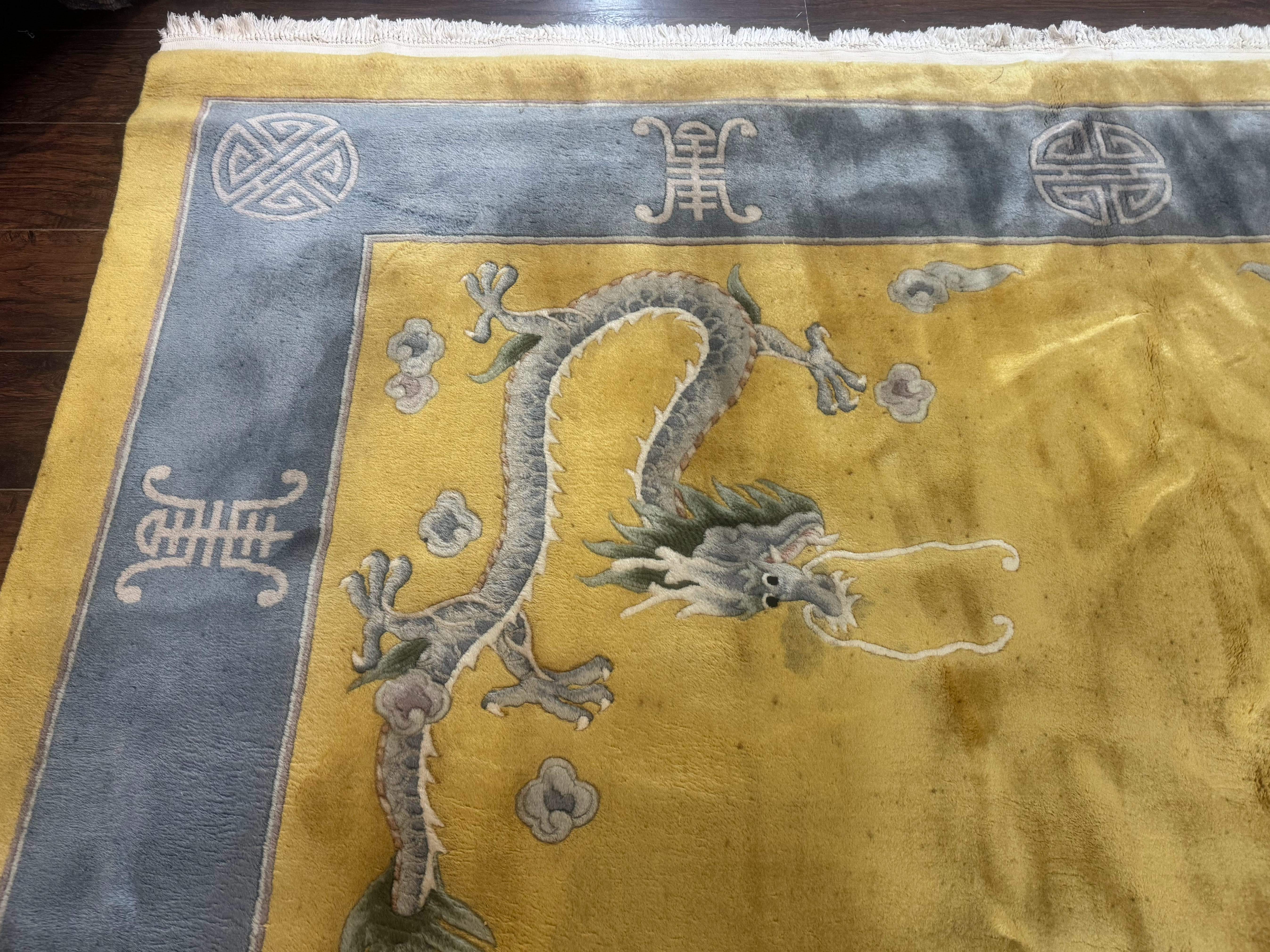 Chinese Wool Rug 9x12, Dragons and Center Medallion, Minimalistic Design, Gold and Light Blue, Peking Rug, 90 Line - Jewel Rugs