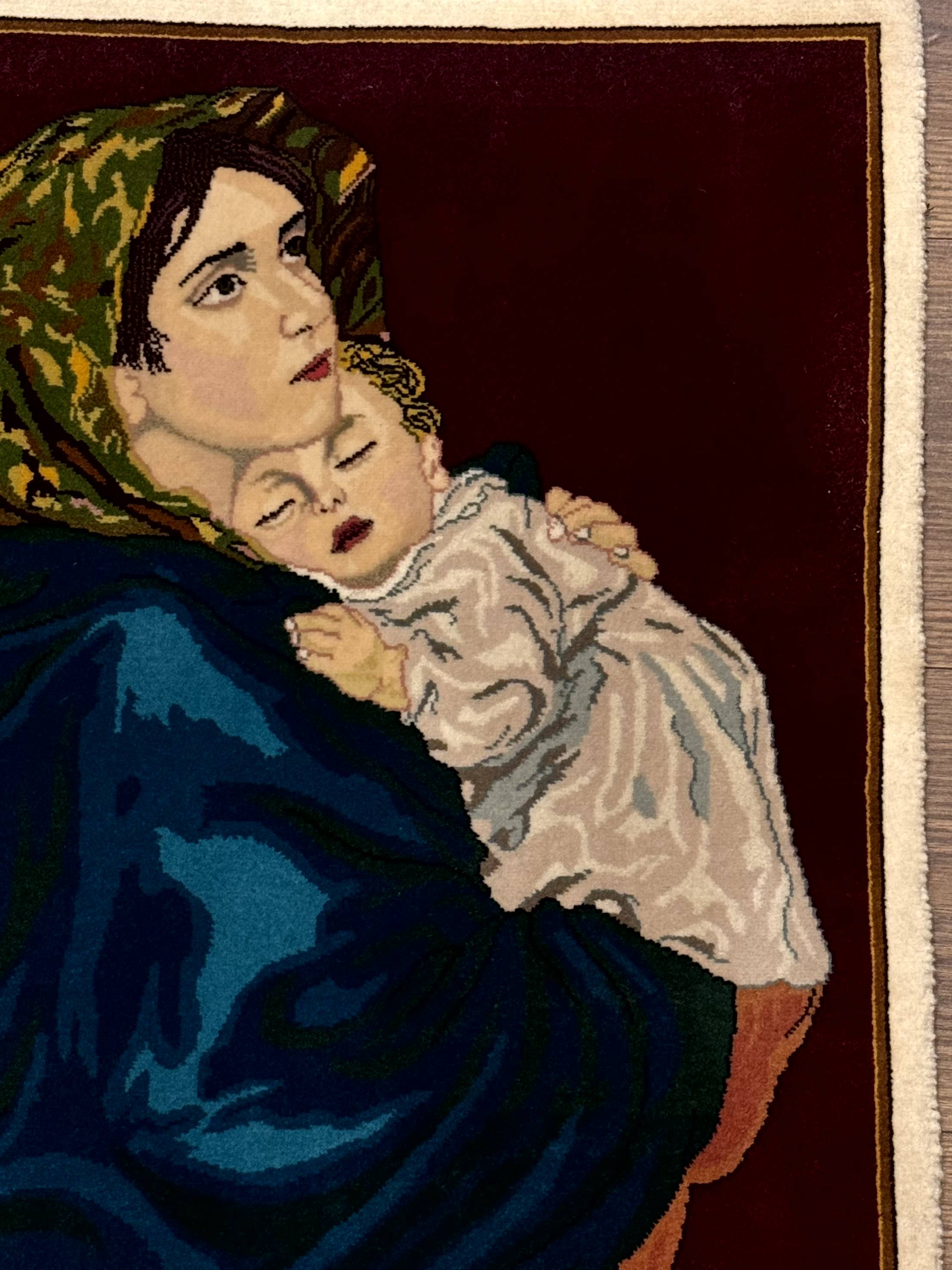 Small Persian Tabriz Pictorial Rug 2x2, Mother Holding Child, Very Fine 340 KPSI, Maroon - Jewel Rugs