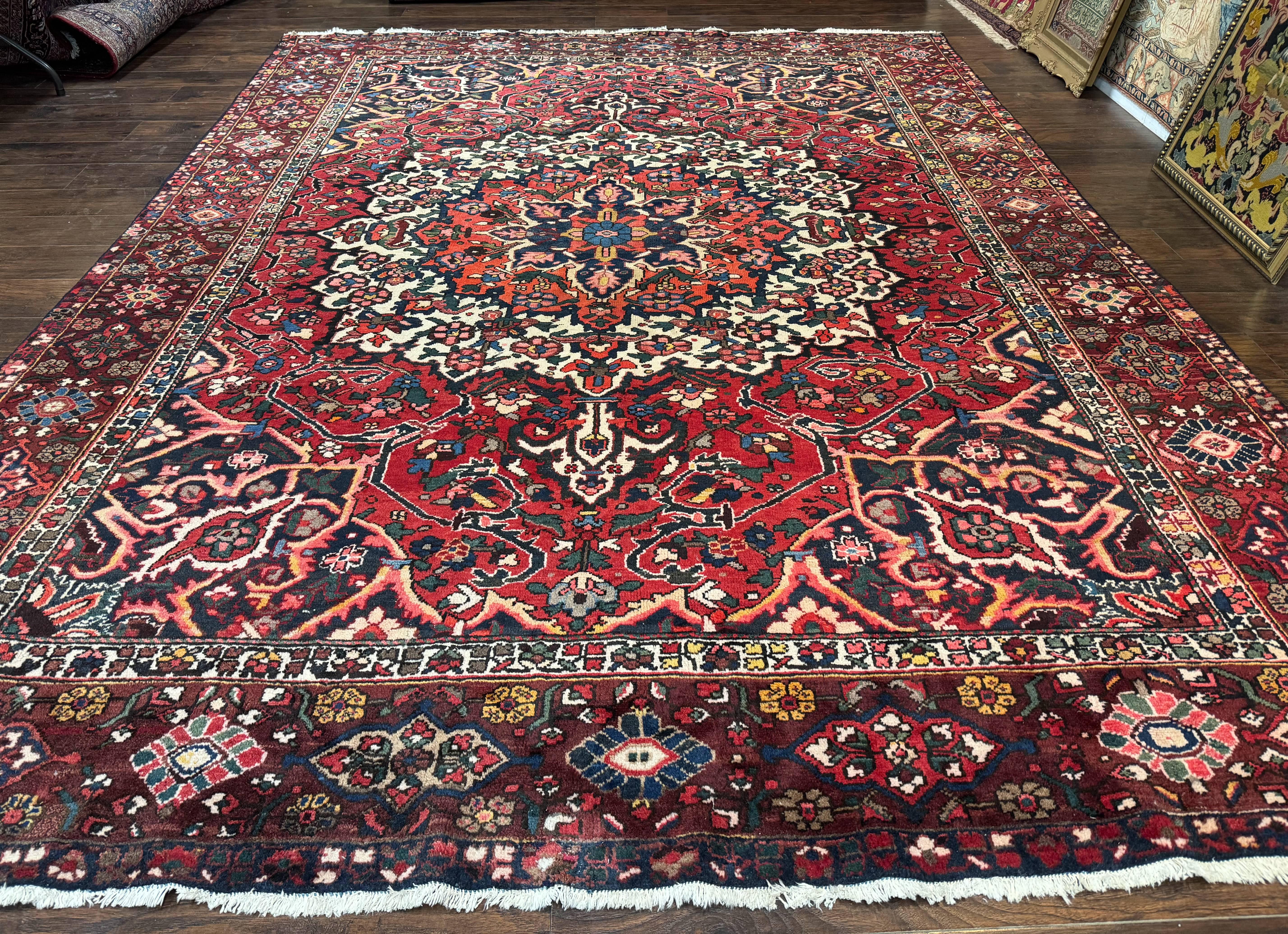 Rare Persian Bakhtiari Rug 10x13, Red, Semi Antique, Large Persian Carpet, Handmade - Jewel Rugs