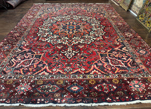Rare Persian Bakhtiari Rug 10x13, Red, Semi Antique, Large Persian Carpet, Handmade