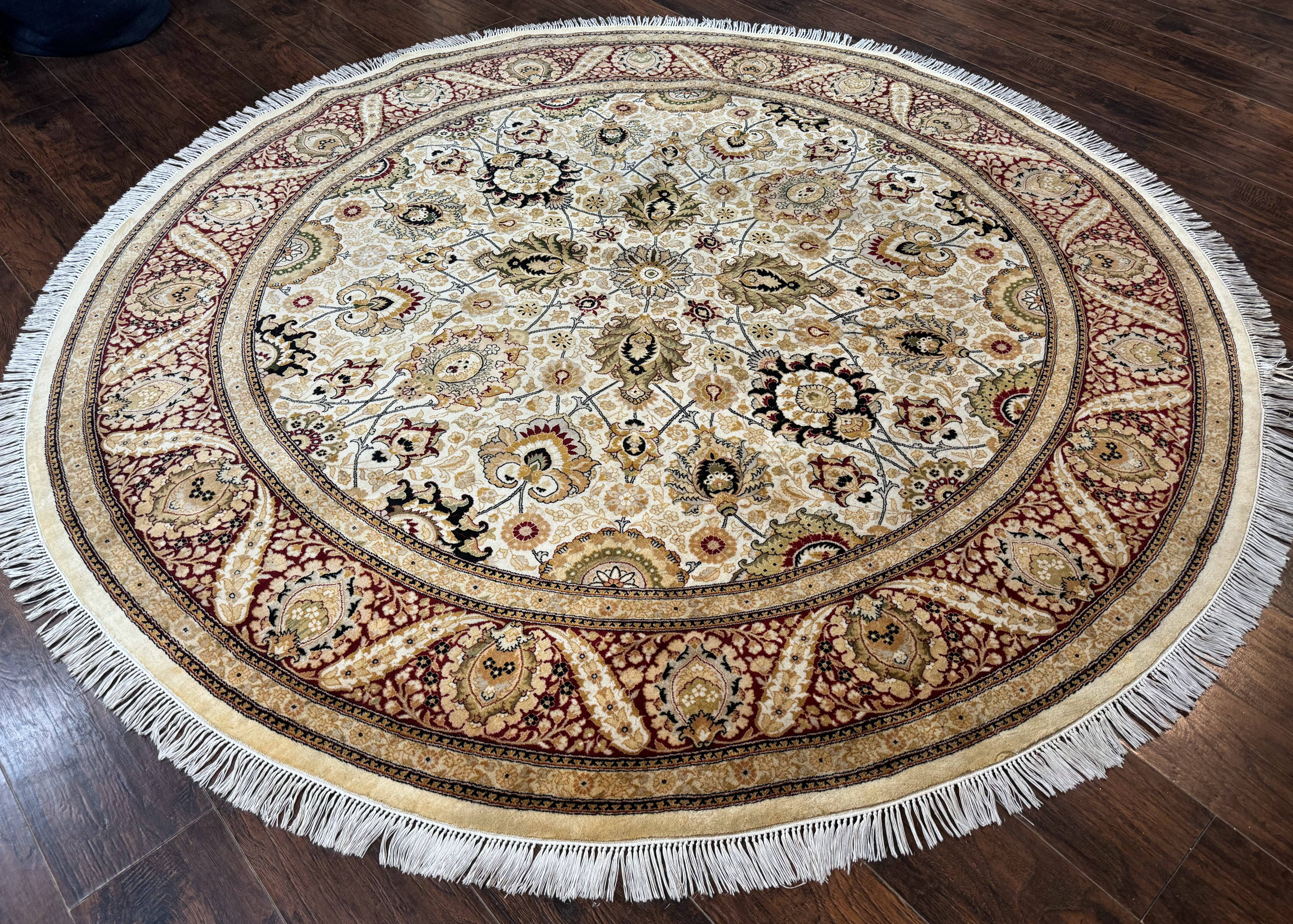 Round Pak Persian Rug 8x8, Vintage Handmade Wool Traditional Carpet, Beige Dark Red, Fine 270 KPSI - Jewel Rugs
