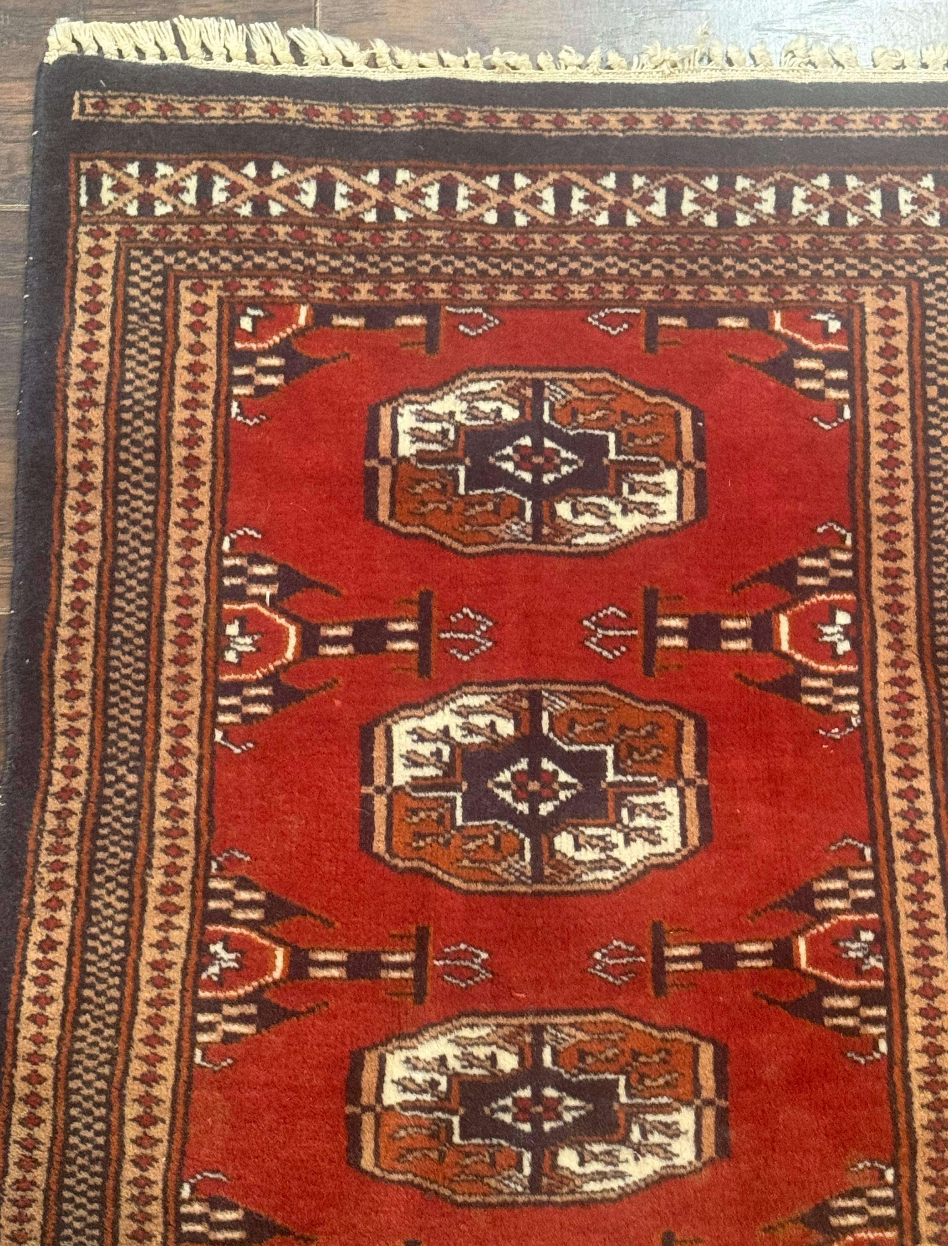 Small Pakistani Bokhara Turkoman Rug, Red, Hand-Knotted Wool Vintage Accent Rug - Jewel Rugs