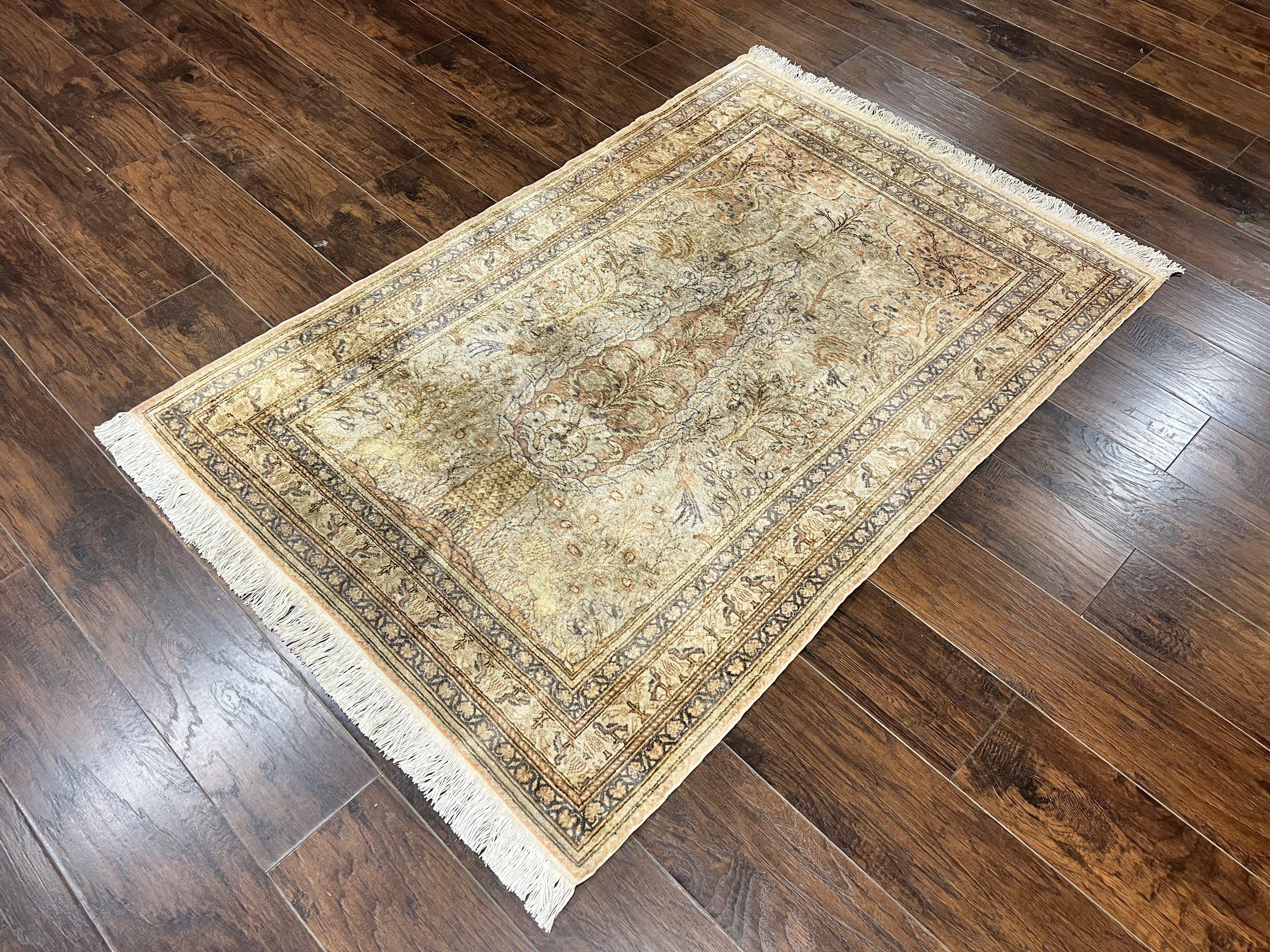 Turkish Kayseri Silk Rug 4x6, Tree of Life Pattern, Vintage Handmade Hand Knotted Carpet, Animal Pictorials, Birds - Jewel Rugs