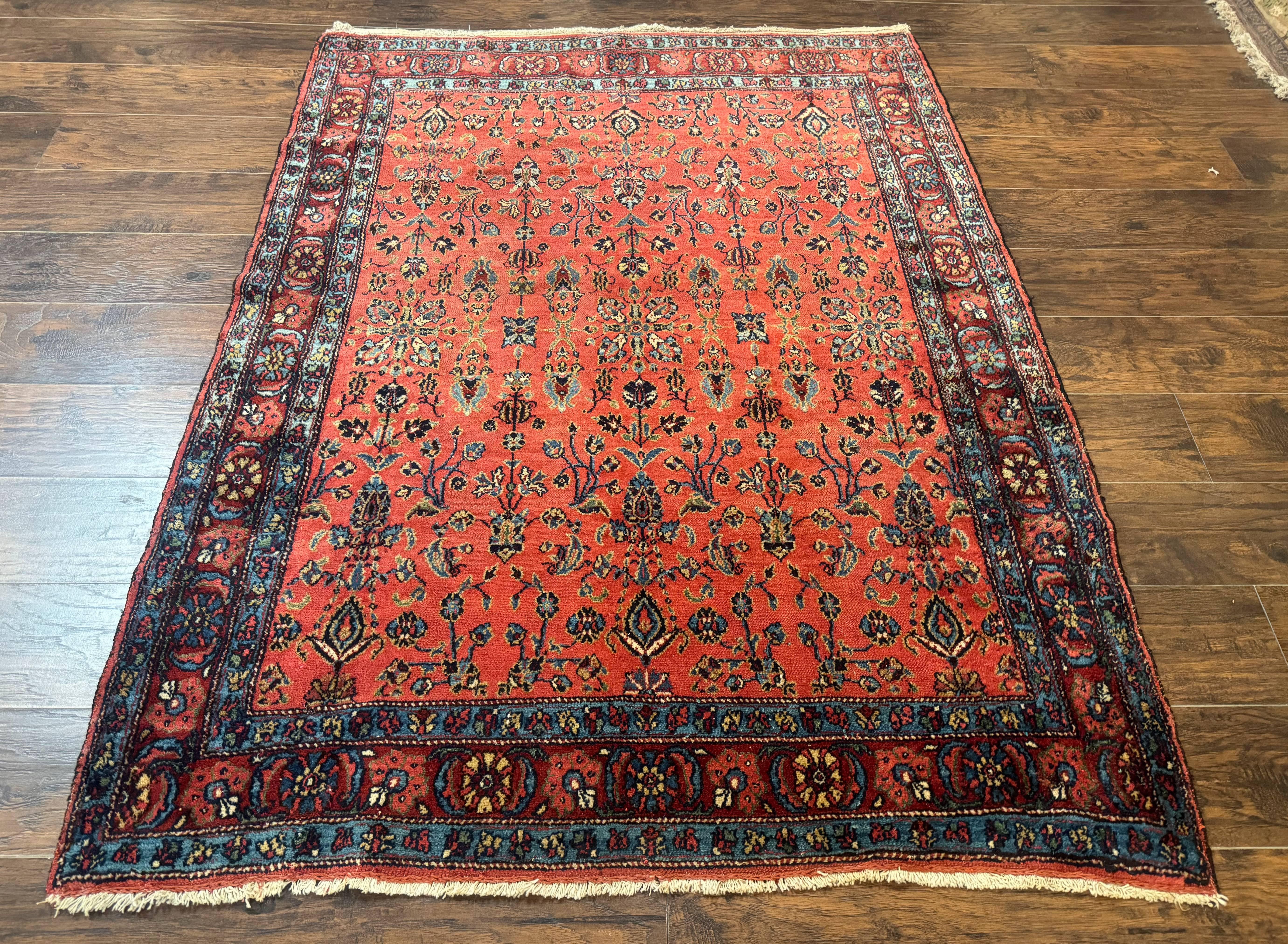 Antique Persian Tribal Rug 5 x 6.6, Tomato Red, Hamadan Angelas Rug - Jewel Rugs