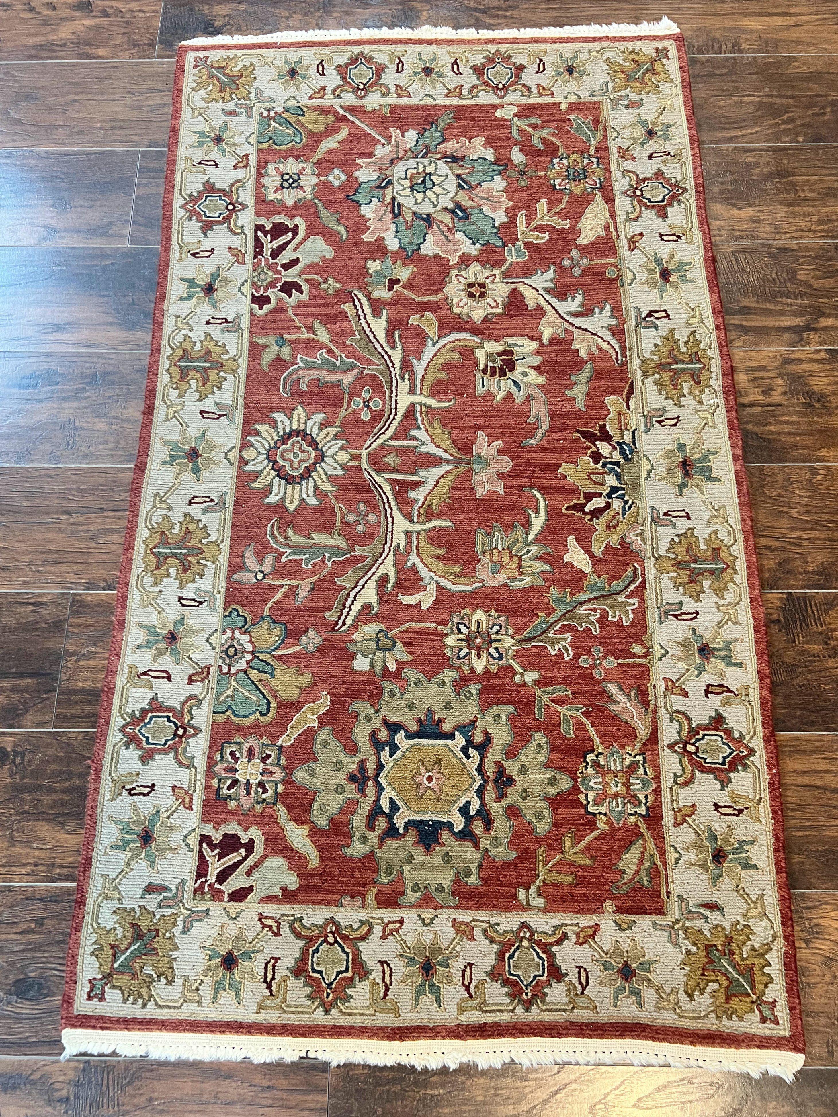 Turkish Flatweave Oushak Rug 3x5, Red and Tan, Floral, Handmade Vintage Wool Rug - Jewel Rugs