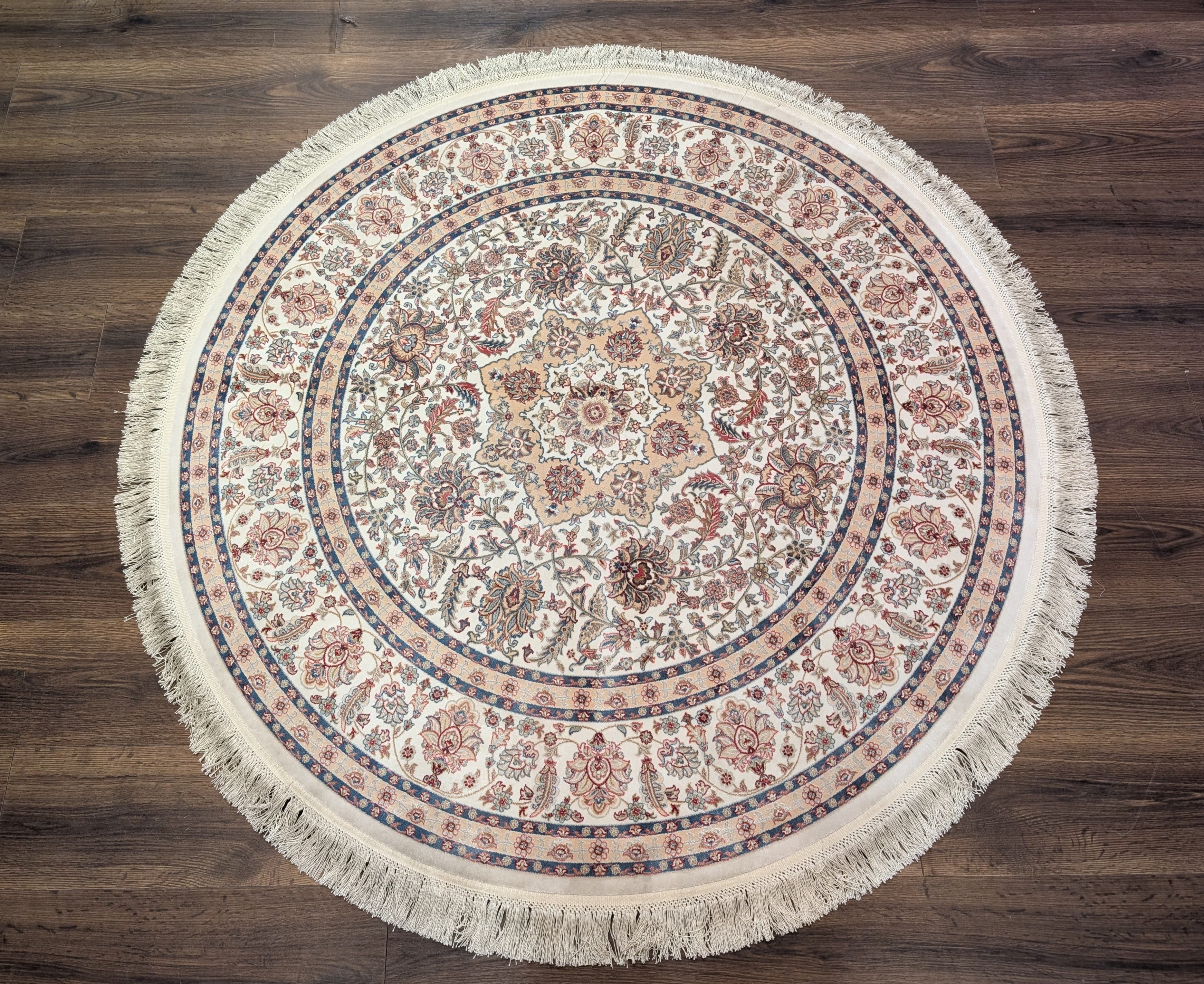 Round Silk Rug 5x5, Turkish Silk Carpet, Ivory, New, Bamboo Silk - Jewel Rugs