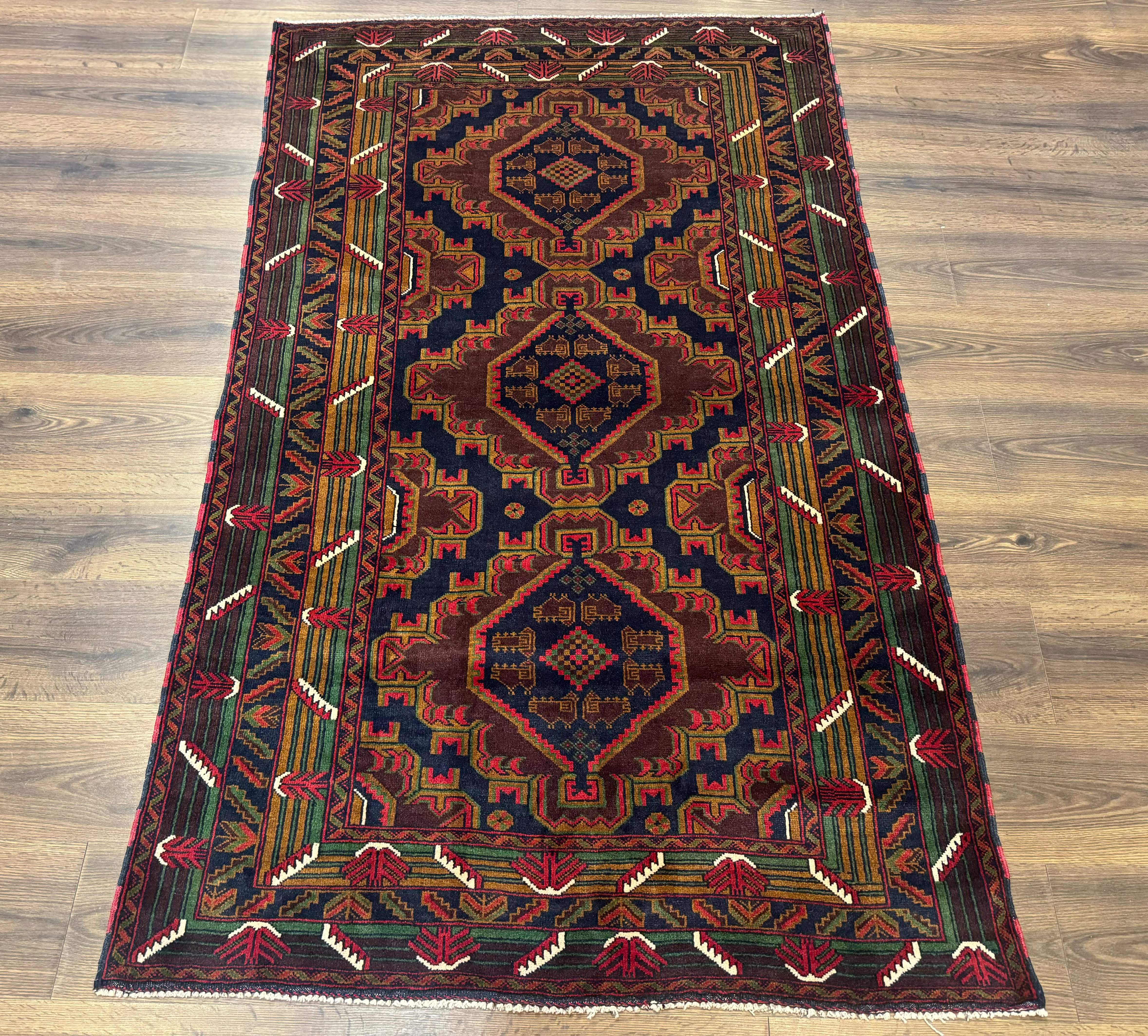 Persian Baluch Rug 4x6 – Navy and Plum, Hand-Knotted Wool Tribal Carpet - Jewel Rugs