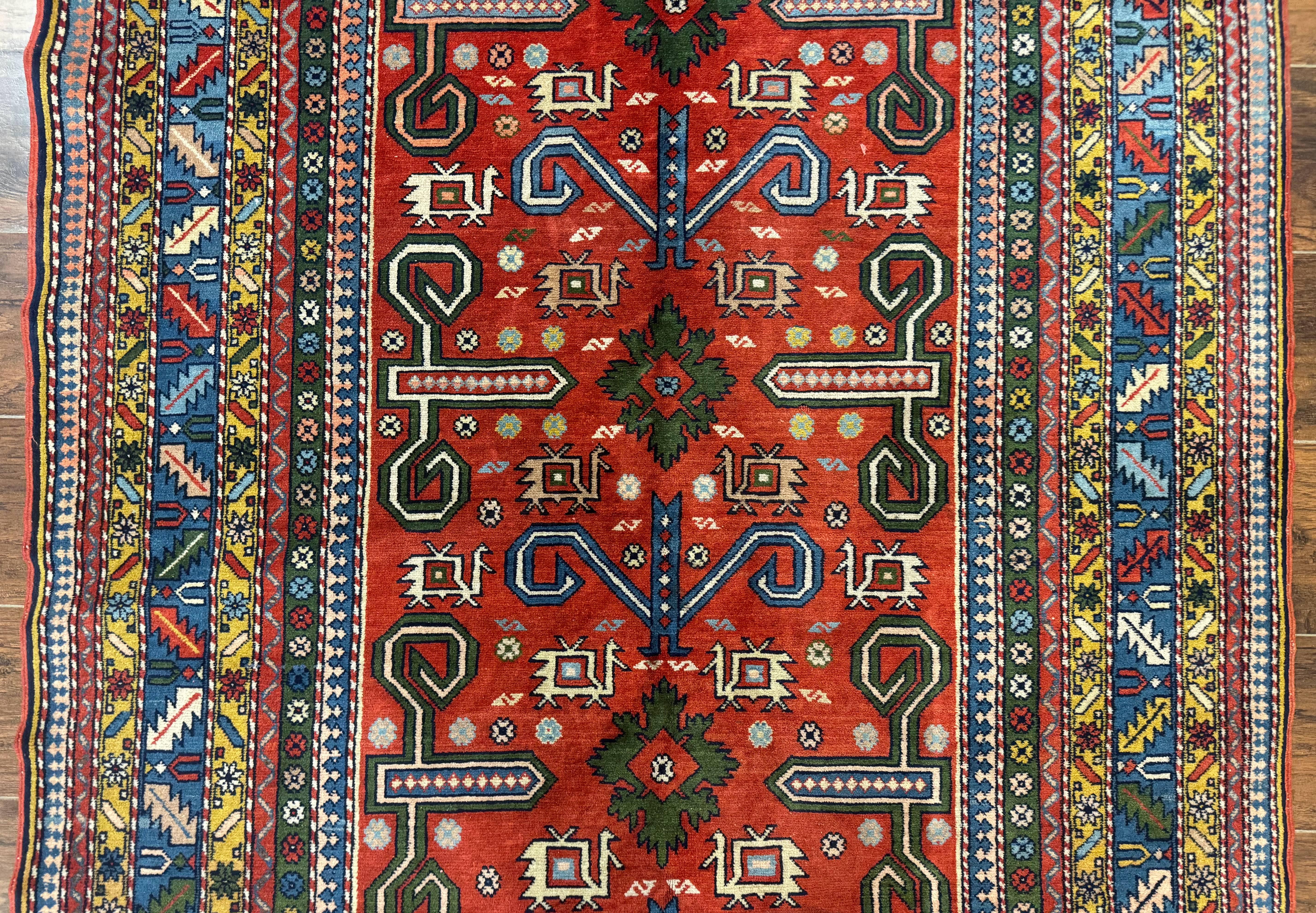 Colorful Persian Ardabil Rug 4x7, Red Blue Gold, Geometric Caucasian Design, Vintage - Jewel Rugs