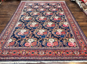 Persian Bidjar Rug 8x11, Floral Bouquets, Blue Black Red Pink, Handmade Hand Knotted Vintage Semi Antique Oriental Carpet