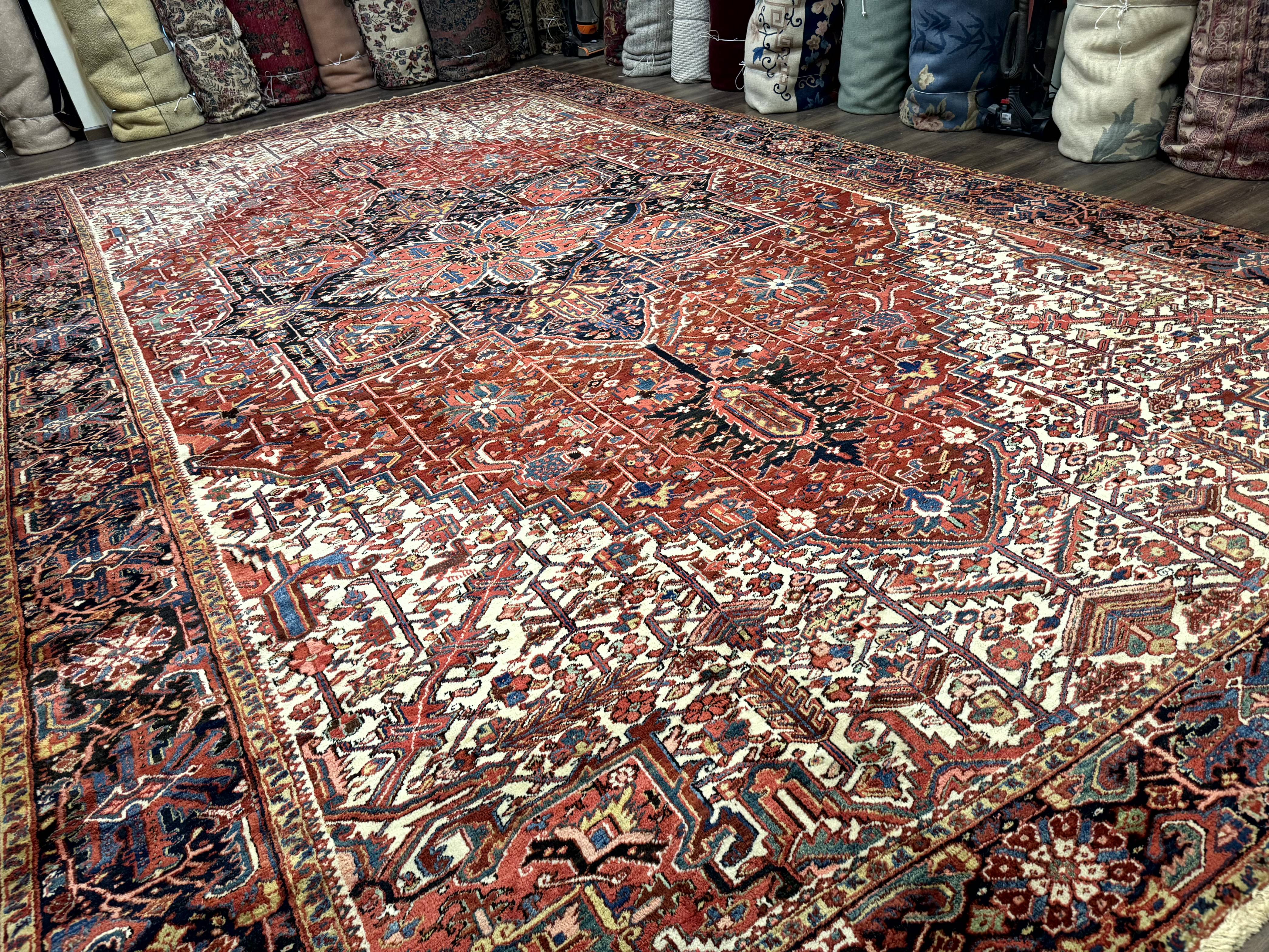 Palace Size Persian Heriz Rug 12x21 Wool Handmade Red Blue Ivory - Jewel Rugs