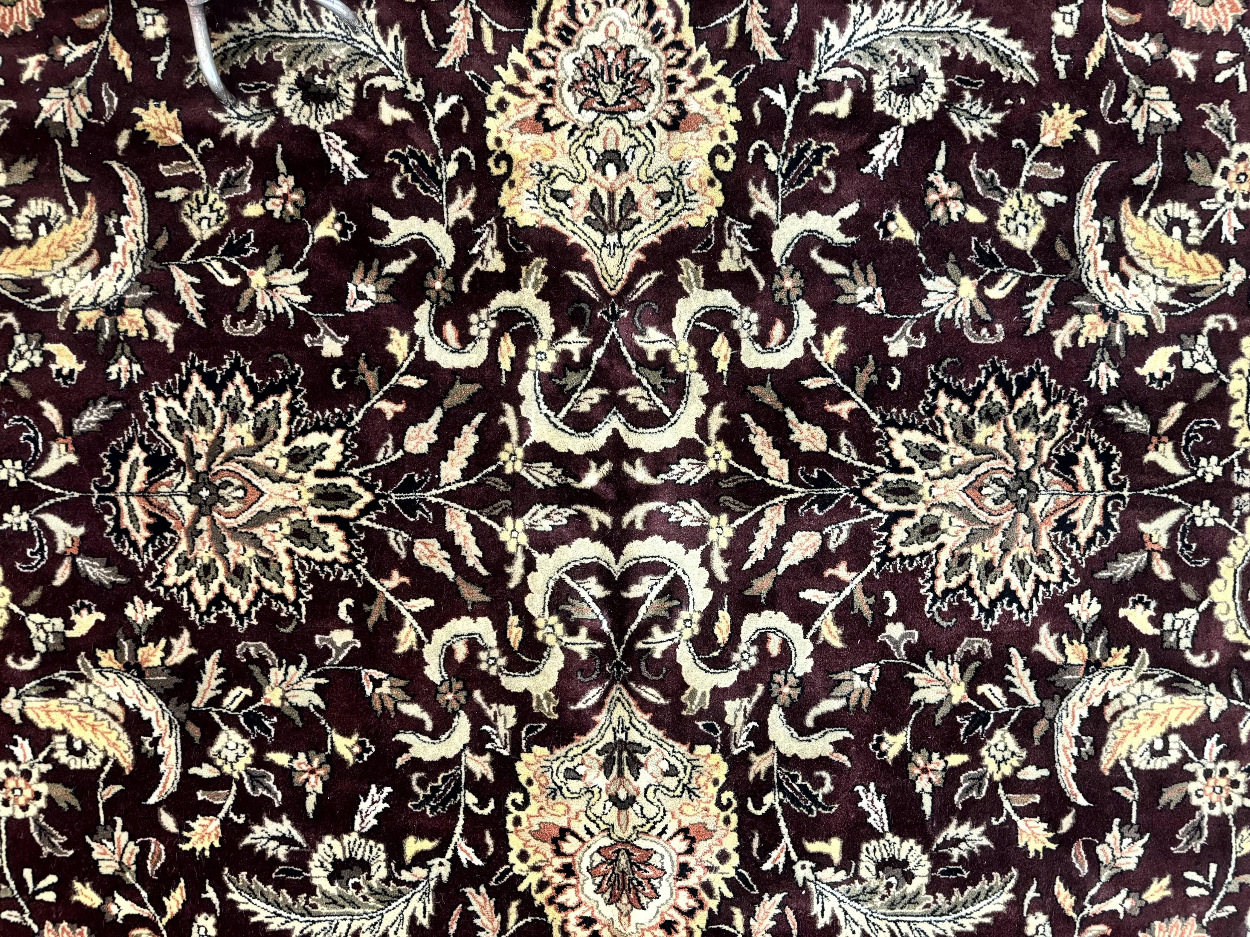 Indo Persian Rug 10x14, Floral Allover, Handmade Vintage Wool Rug, Dark Maroon/Plum and Black - Jewel Rugs