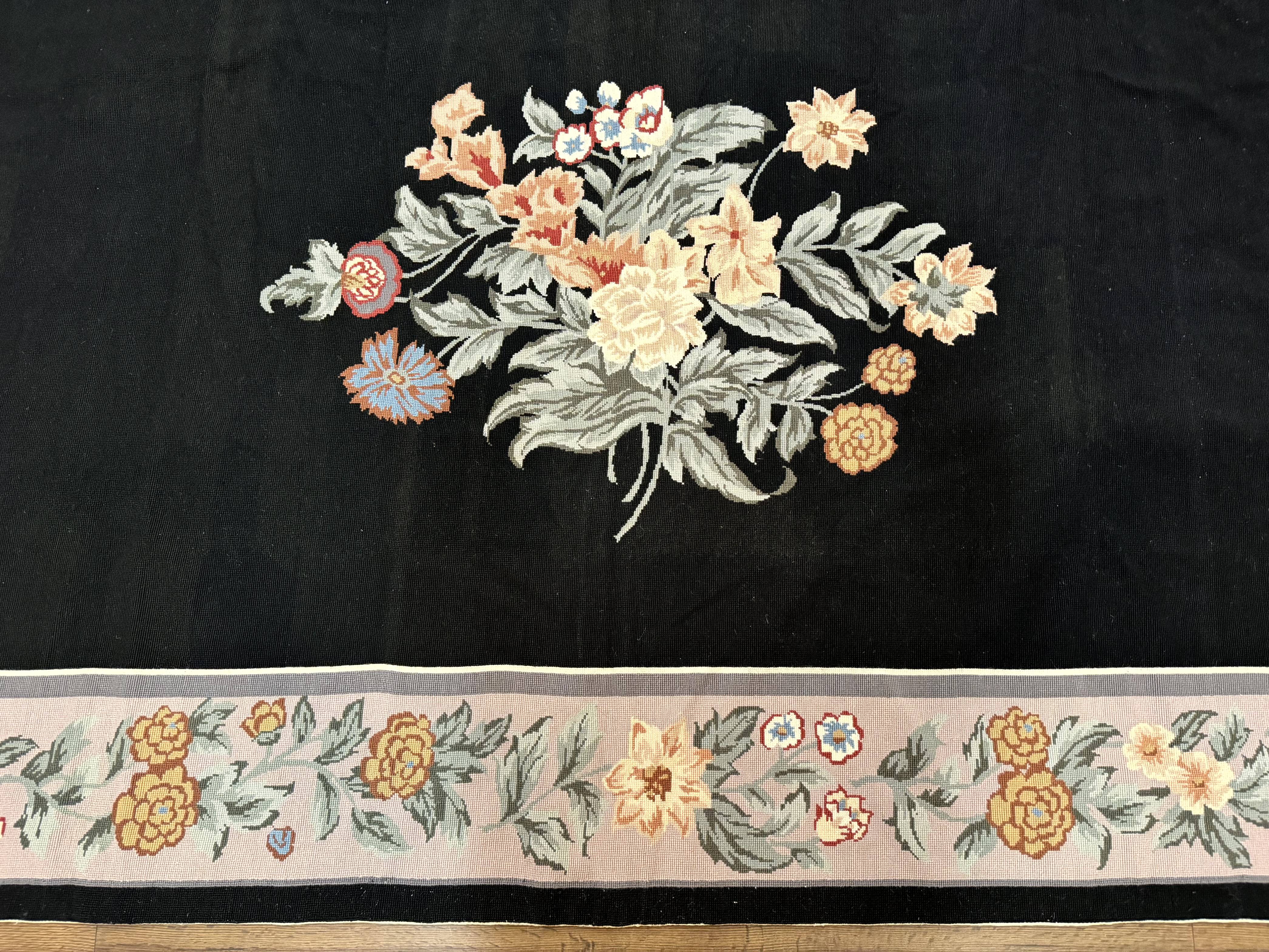 Black Needlepoint Rug 8x11 with Multicolor Flowers, Vintage Carpet - Jewel Rugs