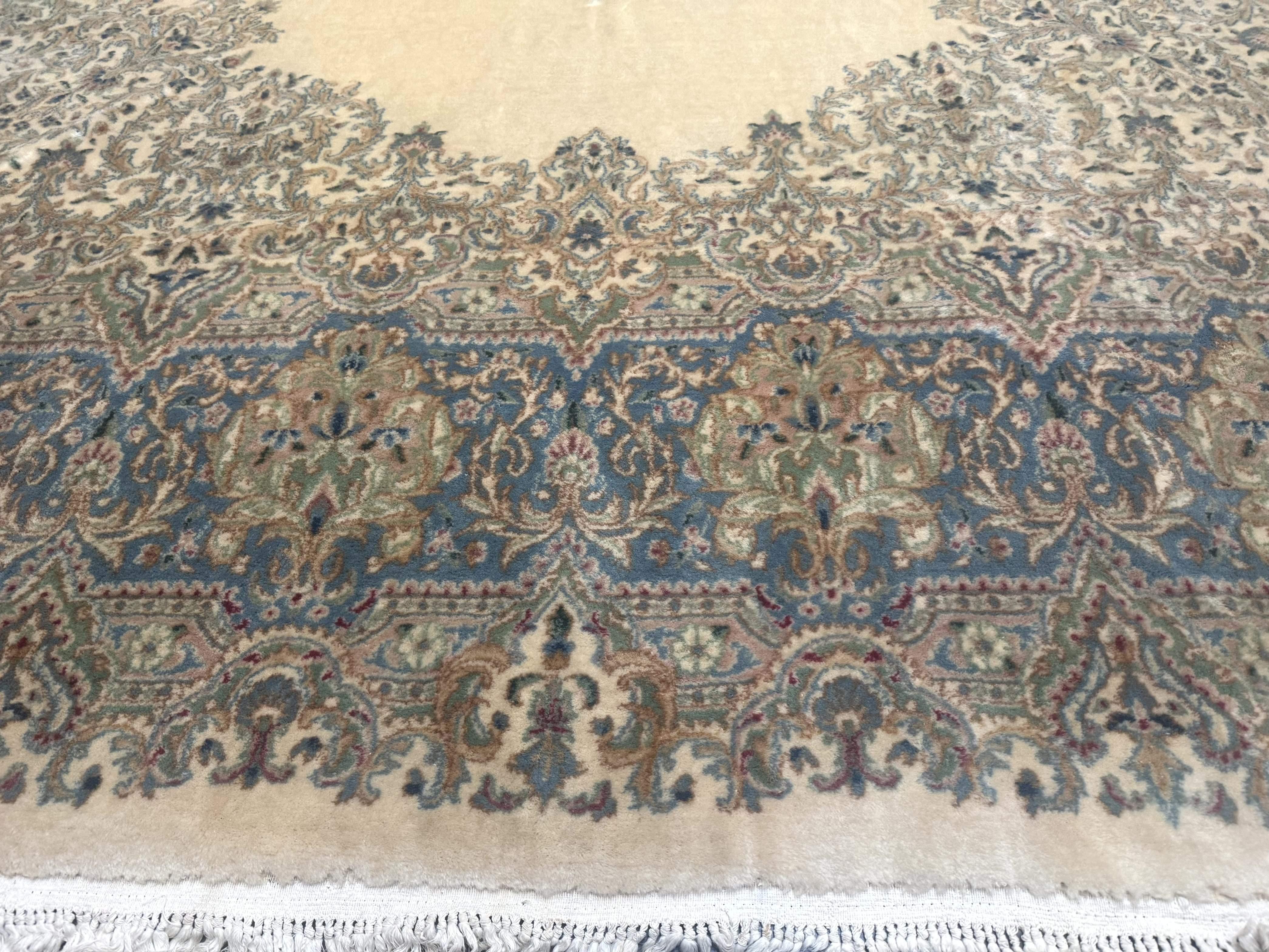 Palace Size Persian Kerman Rug 12x18, Floral Kirman Rug, Ivory Light Blue Pink, Pastel Colors, Vintage Persian Rug, Signed, Fine 240 KPSI - Jewel Rugs