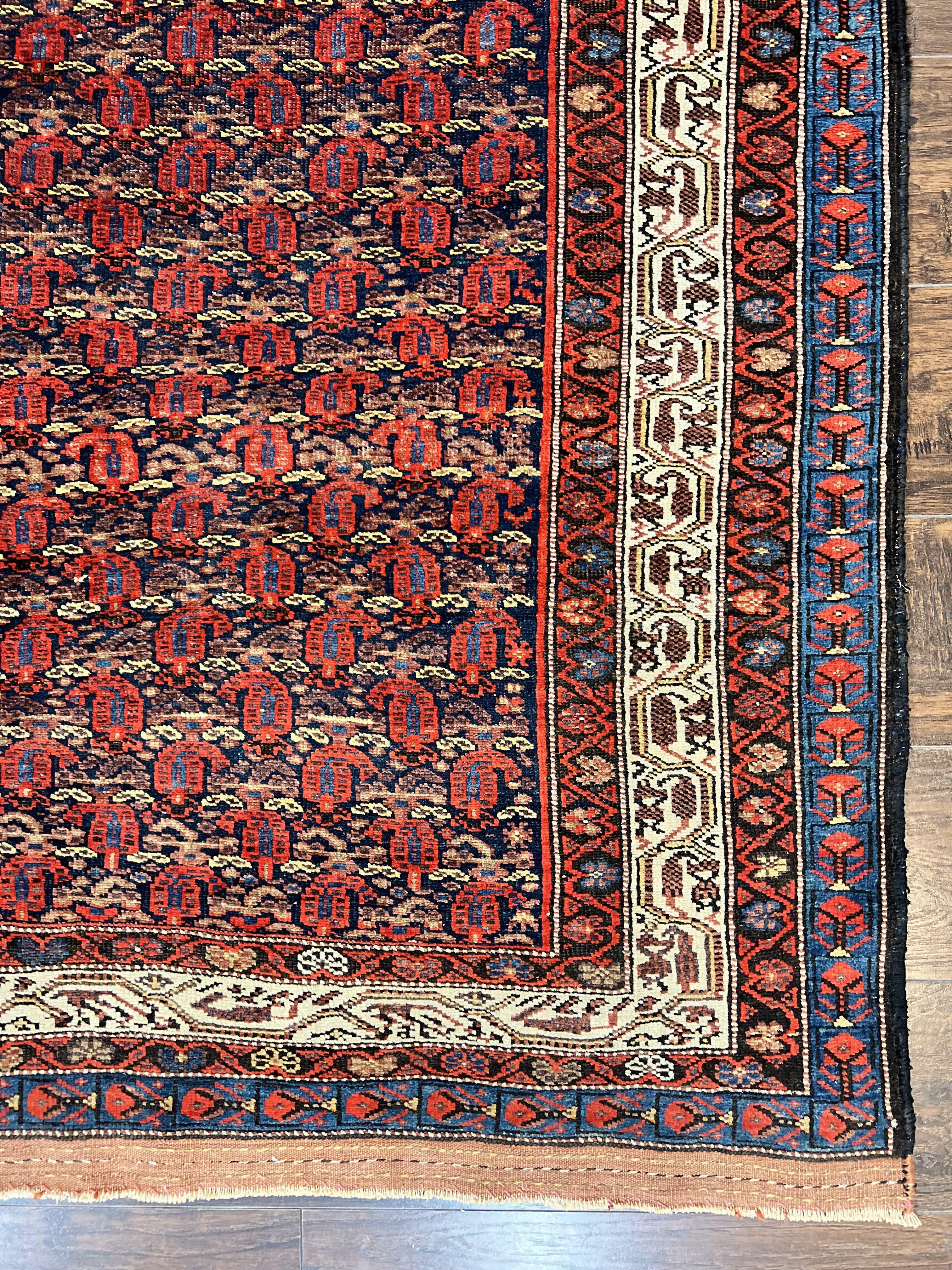 Persian Kurdish Rug 5x6, Wool Hand Knotted Vintage Carpet, Red Blue Cream, Boteh Paisley Pattern, 5 x 6 Medium Sized Oriental Rug - Jewel Rugs