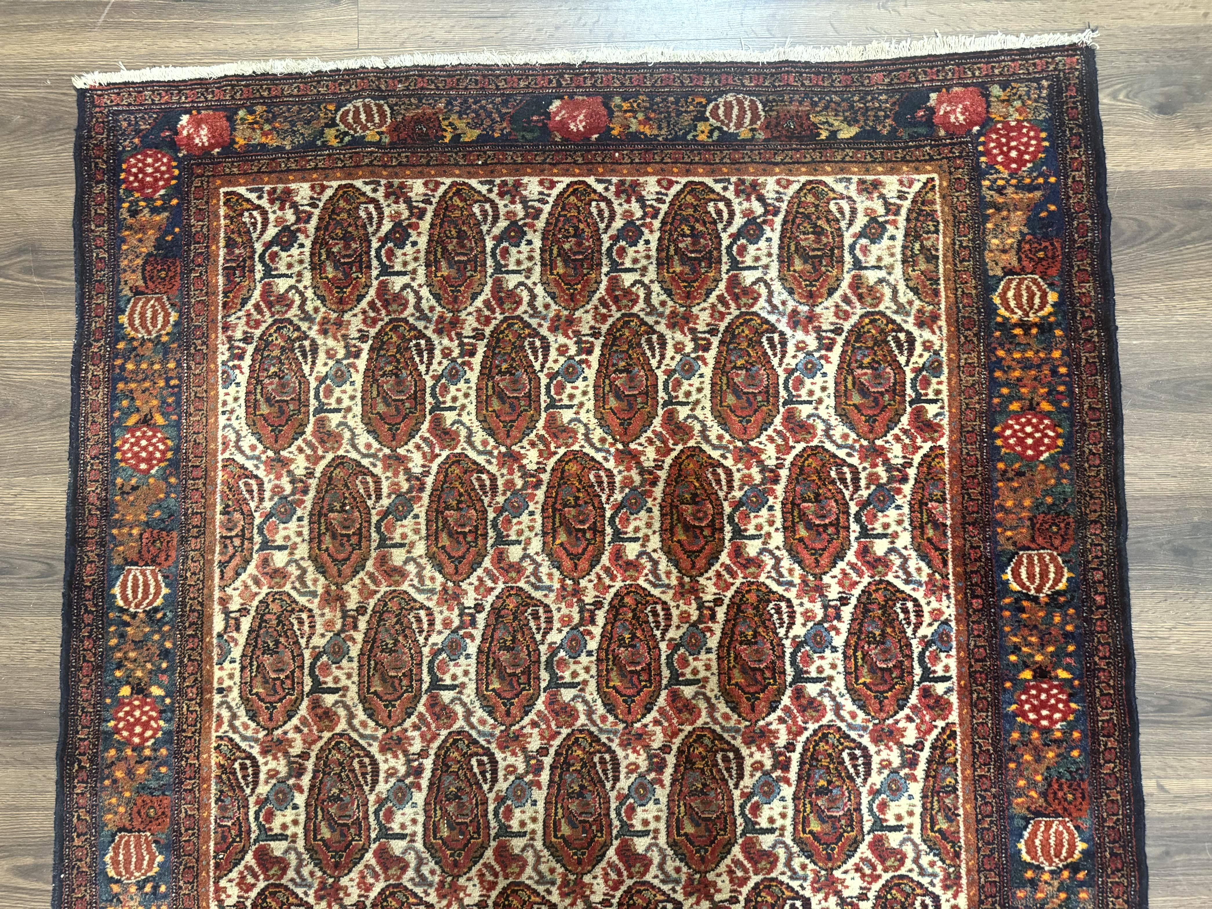 Antique Persian Kurdish Senneh Rug 4.6 x 6.5, Repeated Paisely Boteh Design, Handmade - Jewel Rugs
