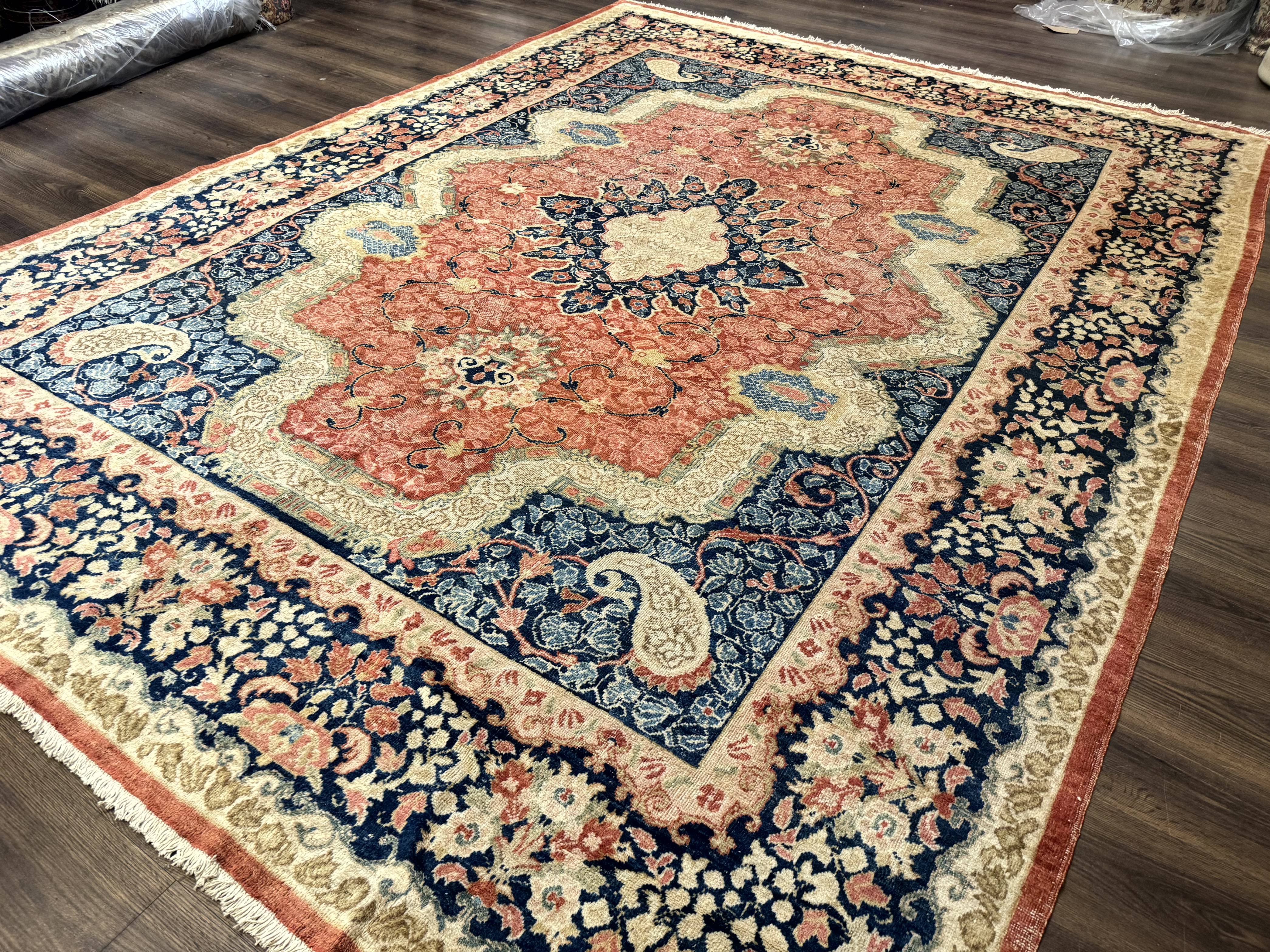 Antique Persian Sarouk Rug 9x12, Boteh Paisleys, Light Red Navy Blue - Jewel Rugs