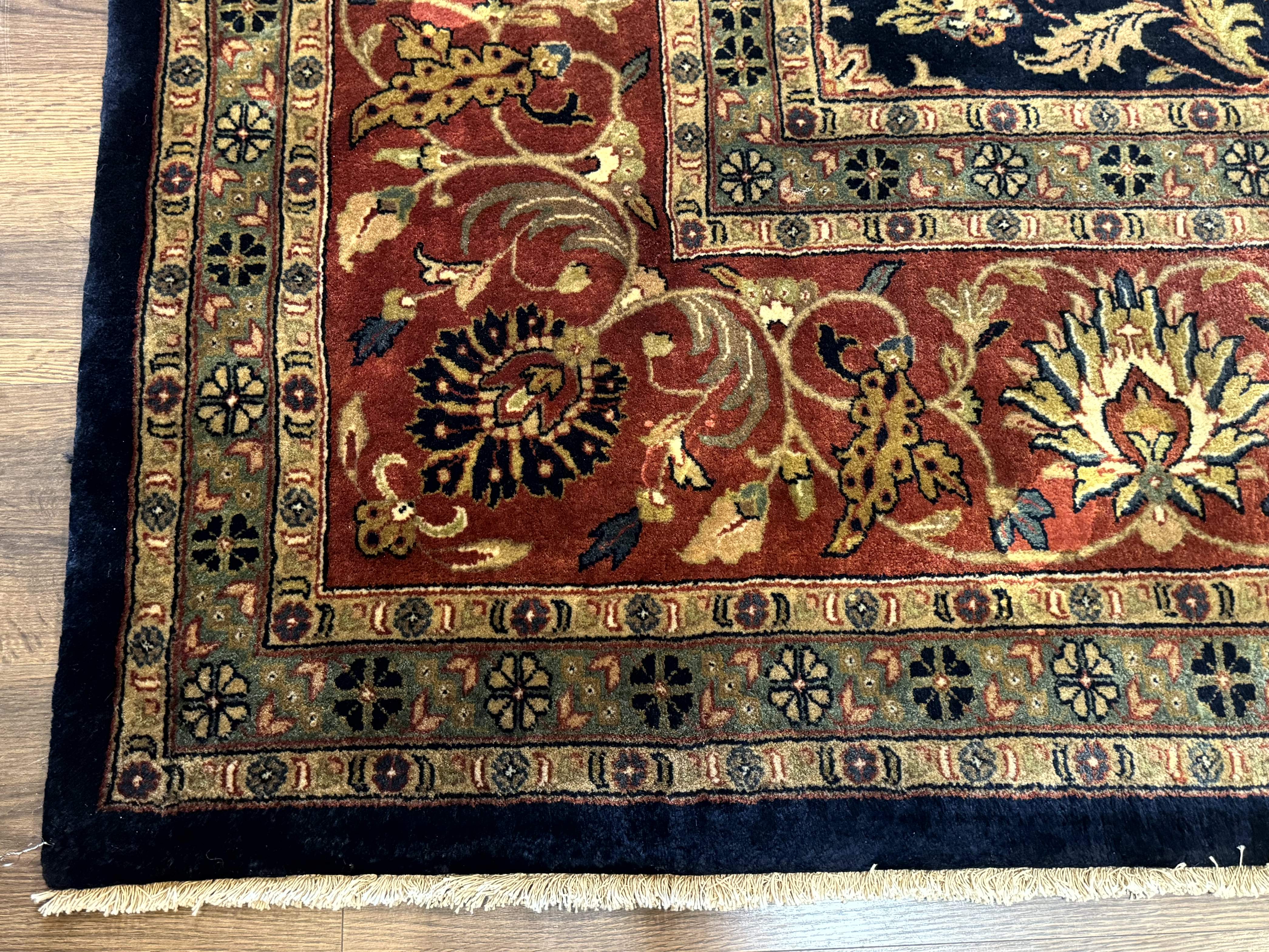 Large Indo Persian Rug 10x14, Navy Blue and Terracotta, Allover Floral Pattern - Jewel Rugs