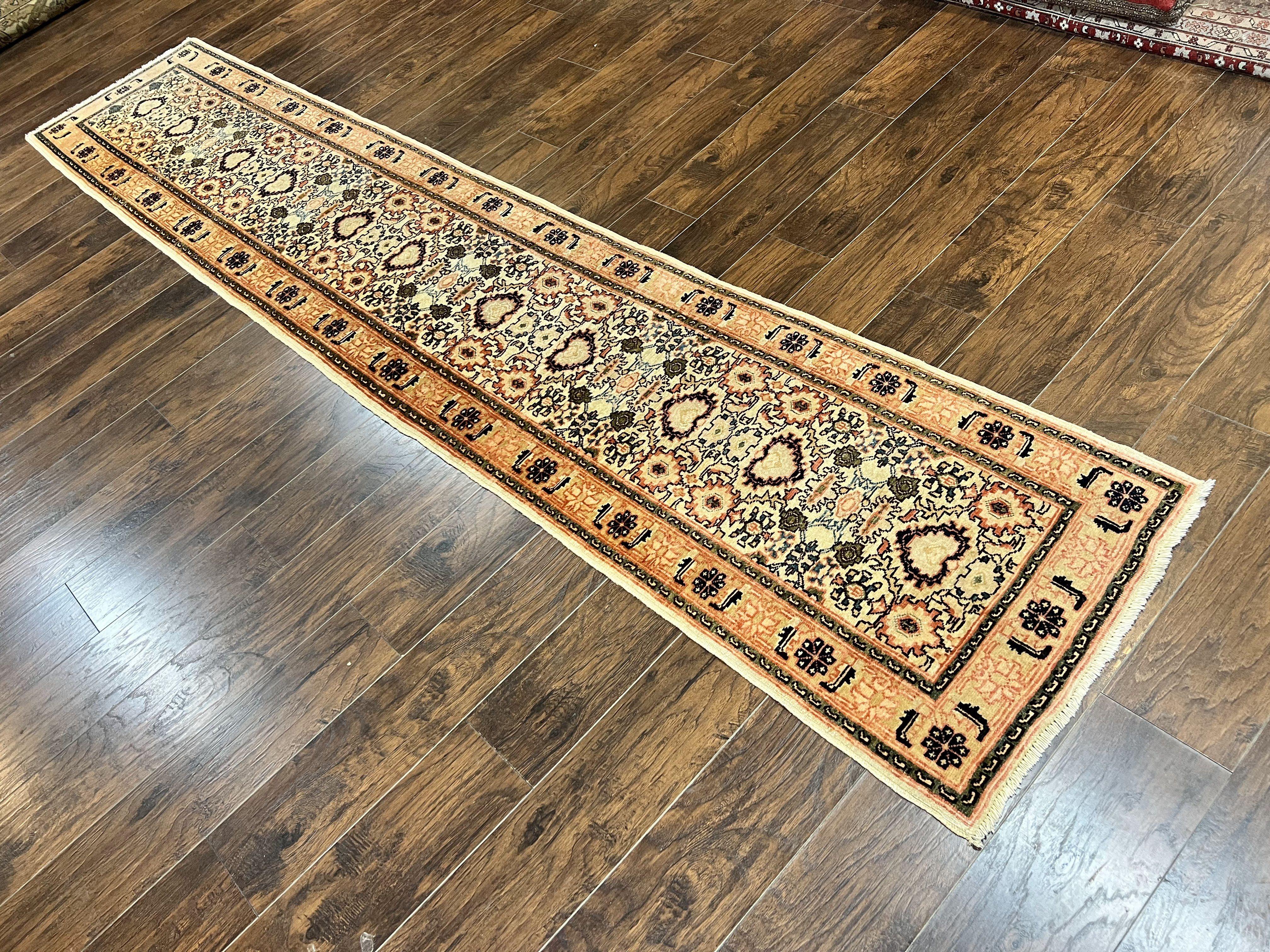 Romanian Runner Rug 2.6 x 12.9, Wool Handmade Hand Knotted Skinny Runner for Hallway, Floral Allover, Vintage Tan Runner - Jewel Rugs