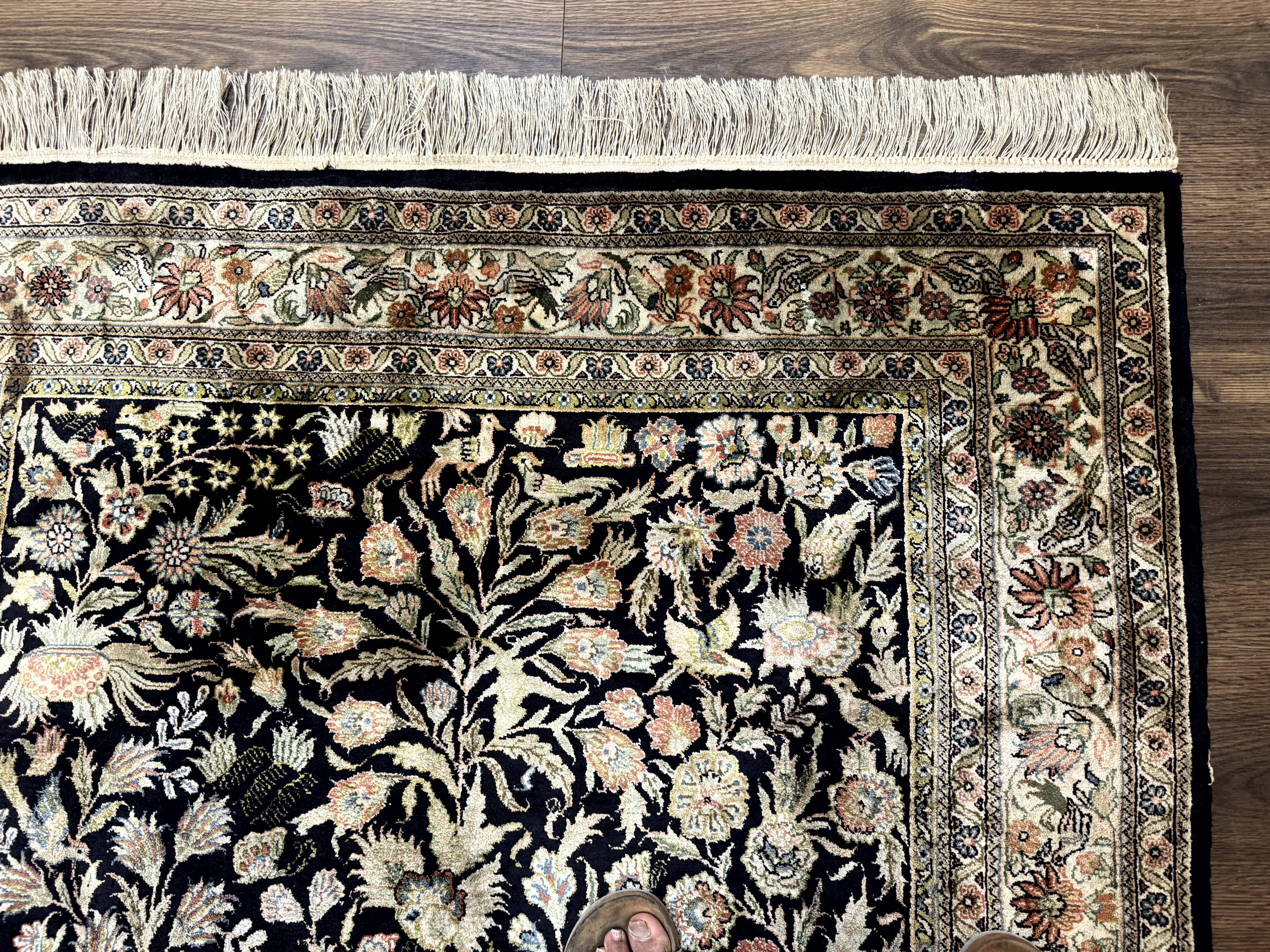 Silk Rug 4x6, Black and Cream, Floral & Bird Pictorials, Fine 330 KPSI, Sino Persian Rug - Jewel Rugs