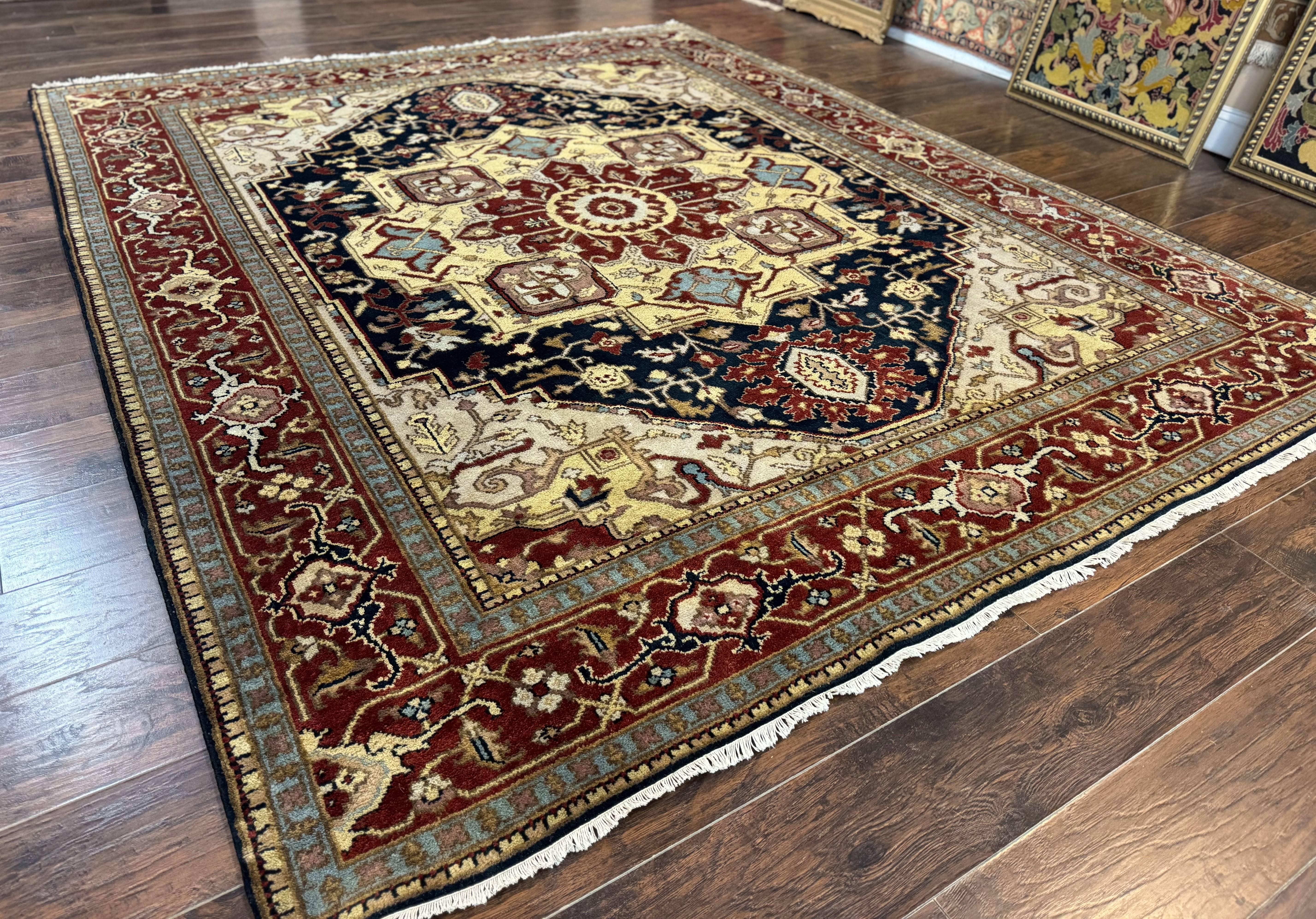 Indo Persian Heriz Rug 8x10, Geometric Medallion, Serapi Carpet, Wool Vintage Rug - Jewel Rugs