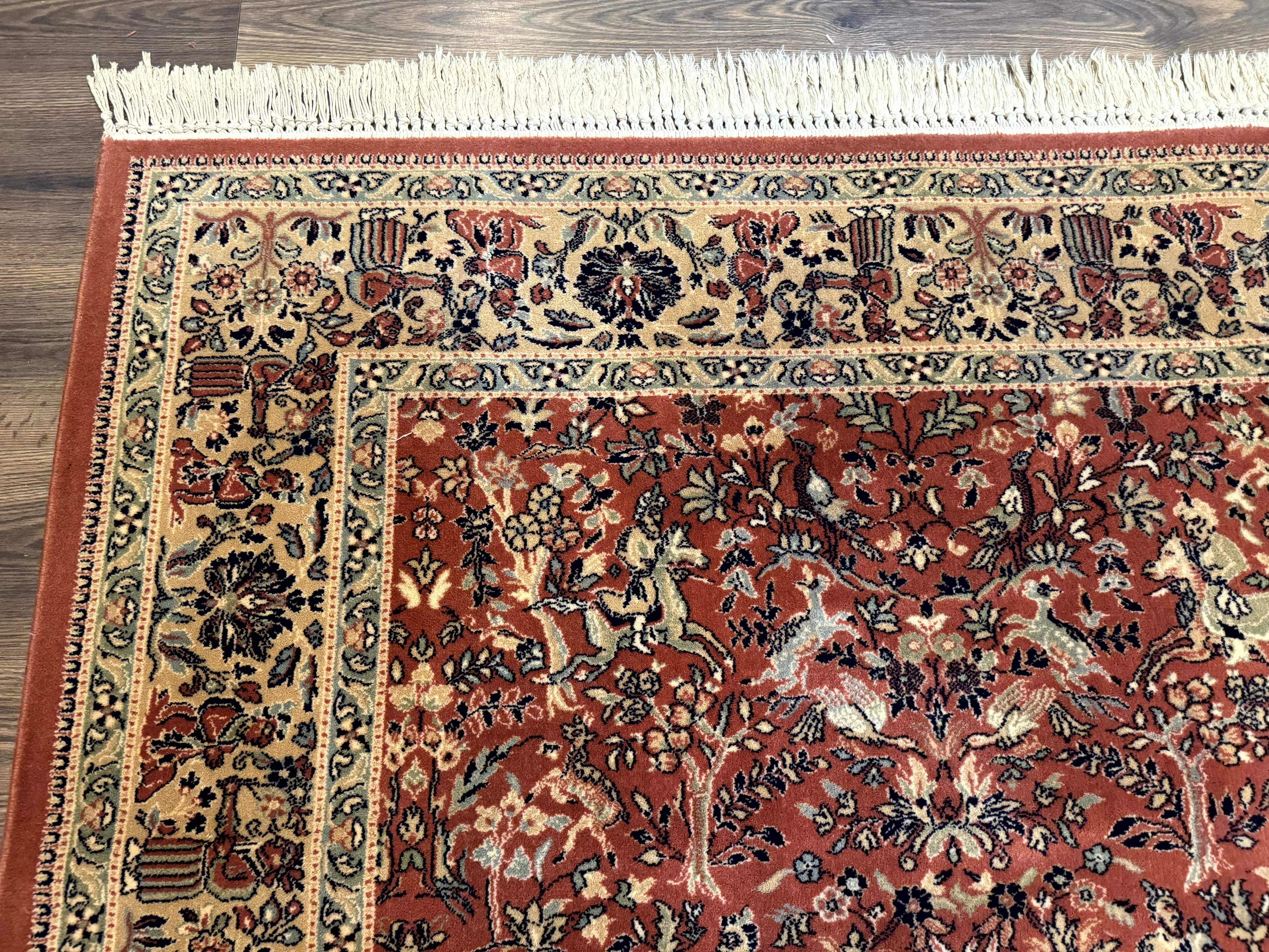 Persian Area Rug 8 x 11.6, Wool, Royal Hunting Scene, Vintage Couristan Rug, Red, Allover Pattern, Belgium Power Loomed - Jewel Rugs