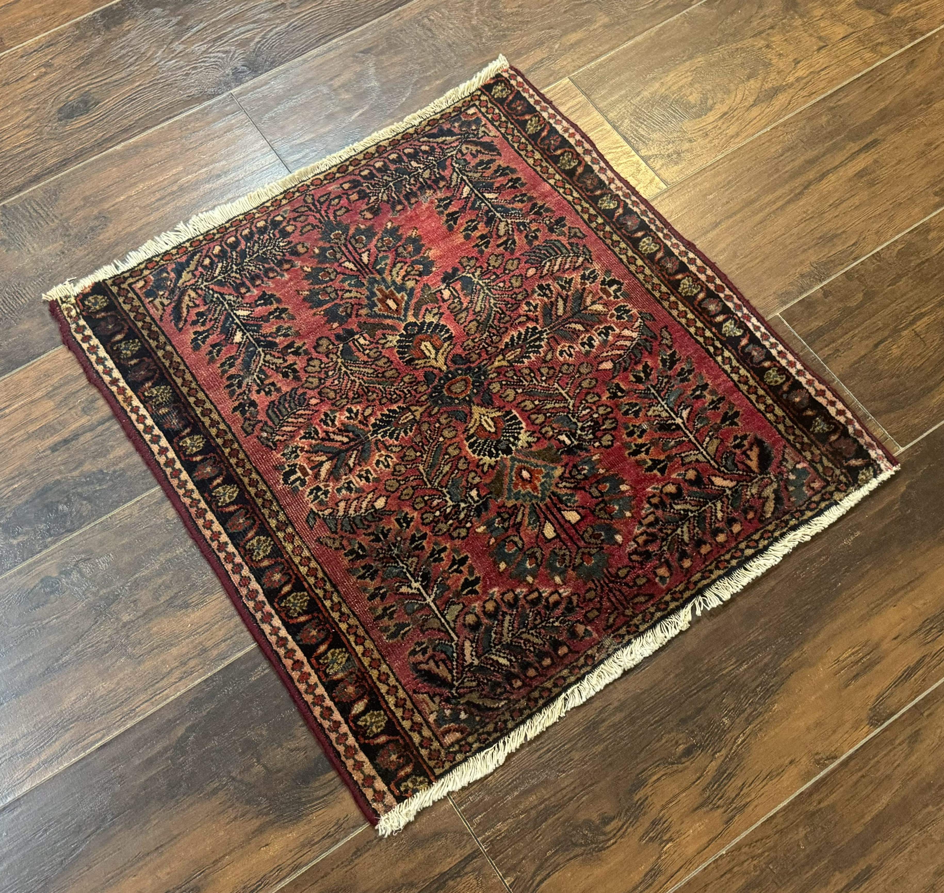 Persian Sarouk Rug 2x2, Small Antique Wool Scatter Rug, Red - Jewel Rugs