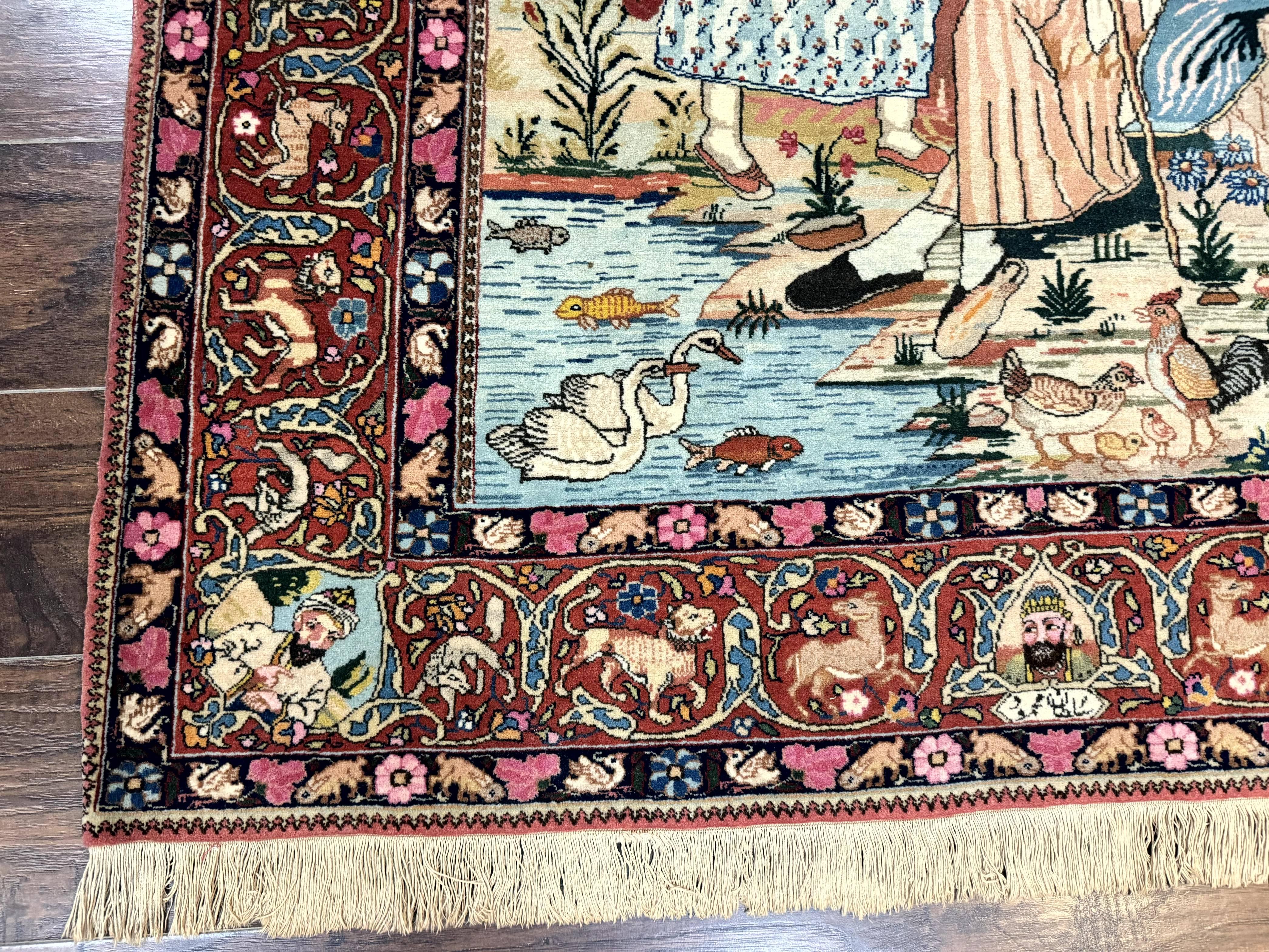 Wonderful Persian Kashan Pictorial Rug 4.7 x 6.5, Persian Rug for Wall Hanging, Handmade Antique Wool Carpet Animal Motifs Poetry Lovers, 240 KPSI - Jewel Rugs