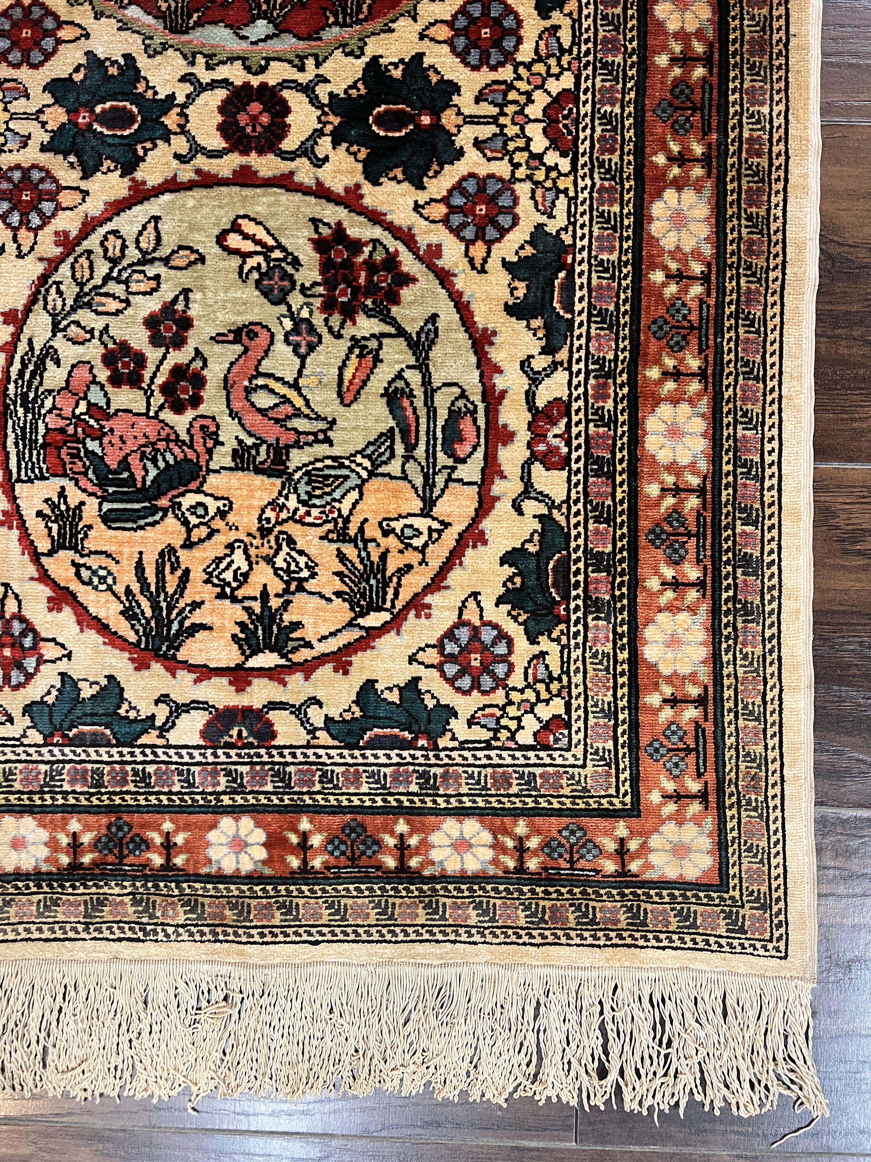 Silk Turkish Rug 2x4, Fine Handmade Oriental Rug, Animal Pictorial Birds Silk Pile on Silk Foundation Vintage Hand Knotted Hereke Carpet - Jewel Rugs