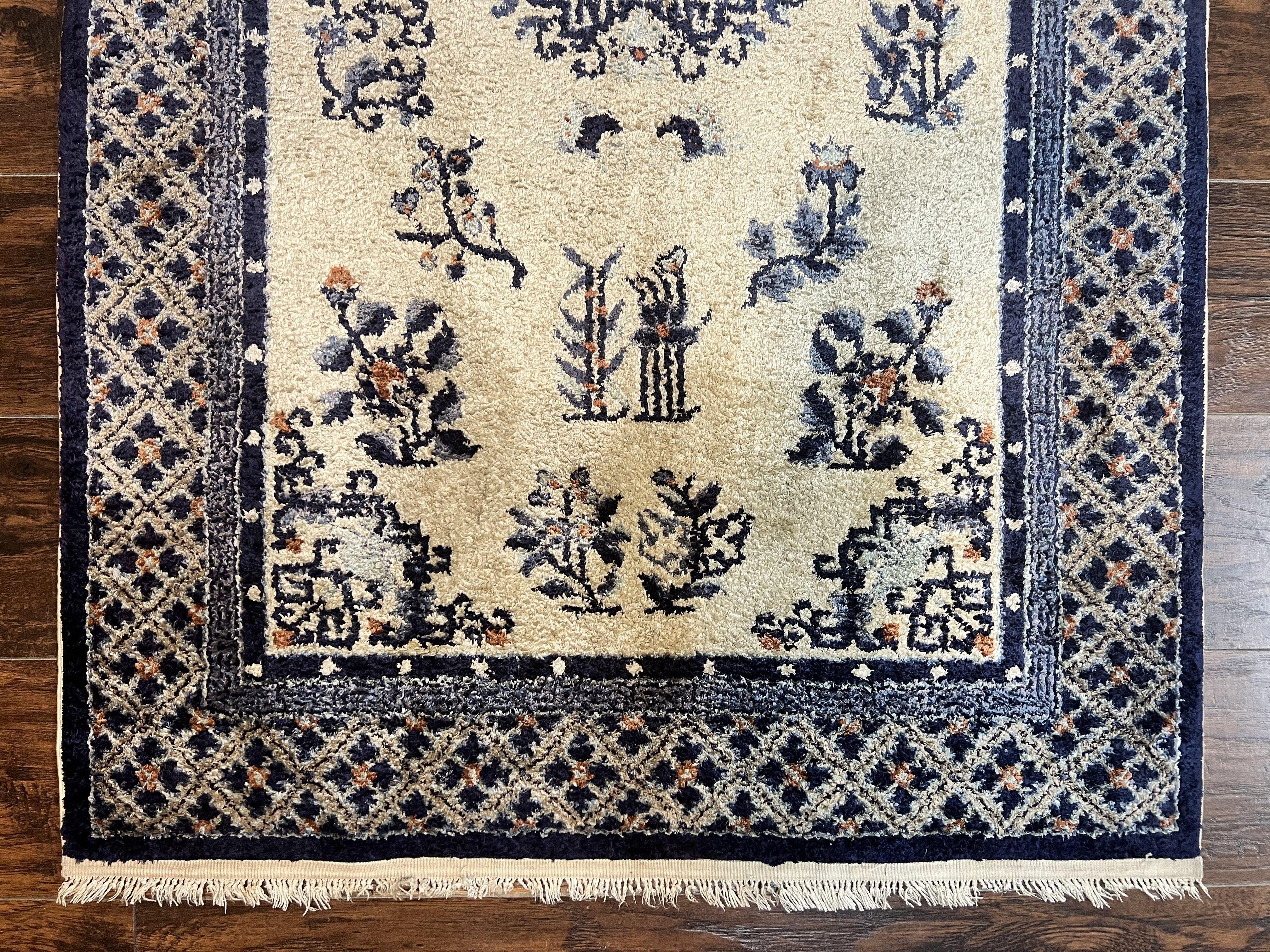 Silk Chinese Rug 3x5, Vintage Handmade Peking Carpet, Asian Oriental Art Deco Rug - Jewel Rugs