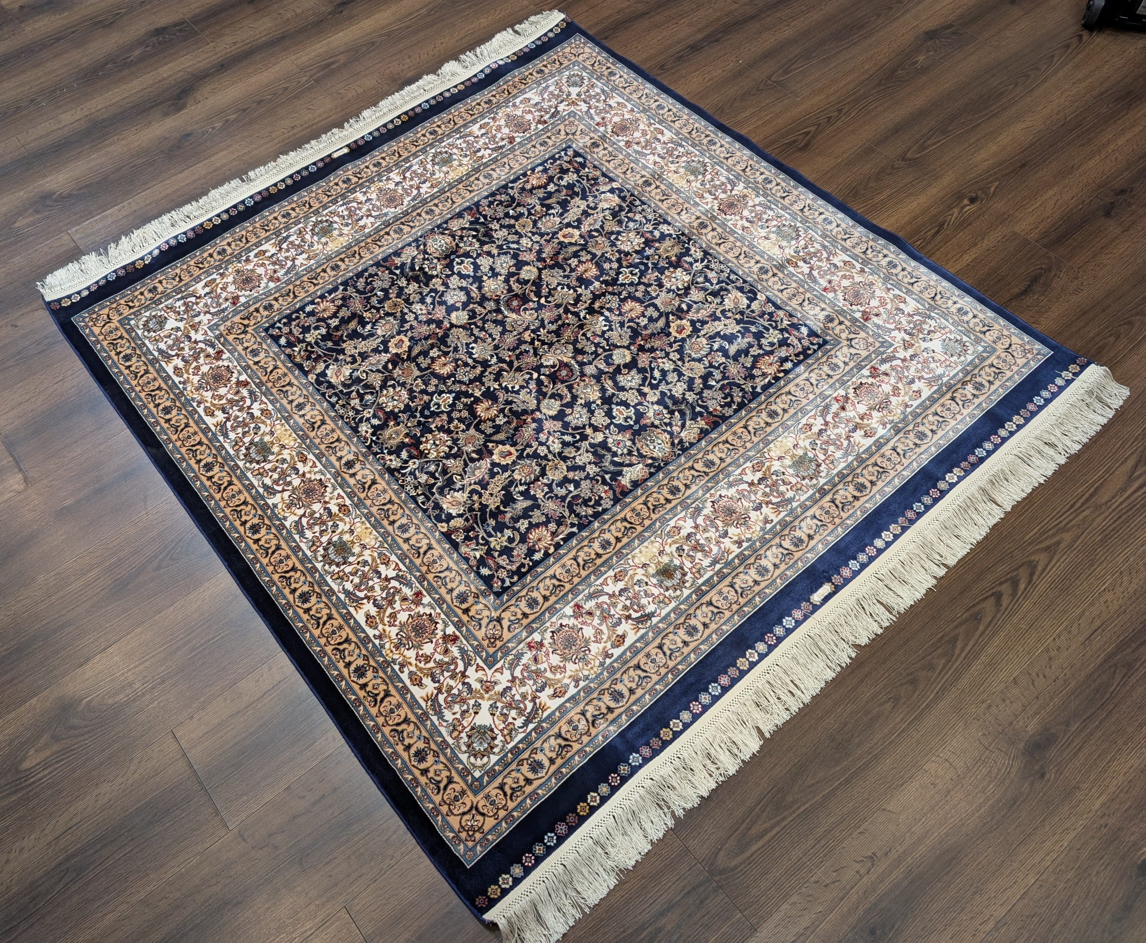 Square Turkish Silk Rug 5x5, Navy Blue and Ivory, Floral, Fine, Detailed, New, Bamboo Silk - Jewel Rugs
