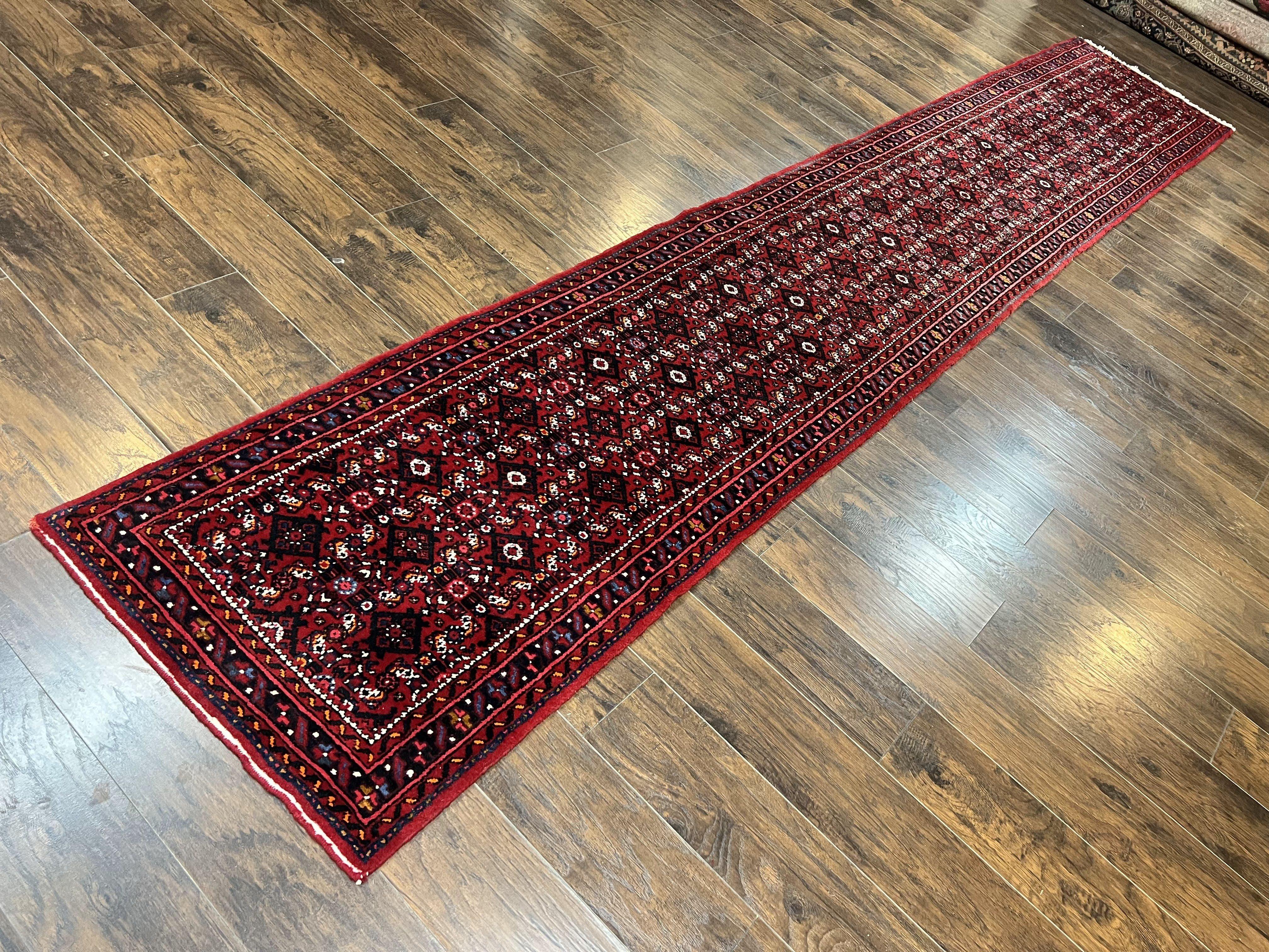 Persian Runner Rug 3 x 16, Wool Handmade Long Antique Hamadan Oriental Rug for Hallway, Red Tribal Rug, Allover Pattern, 3x16 Runner Rug - Jewel Rugs