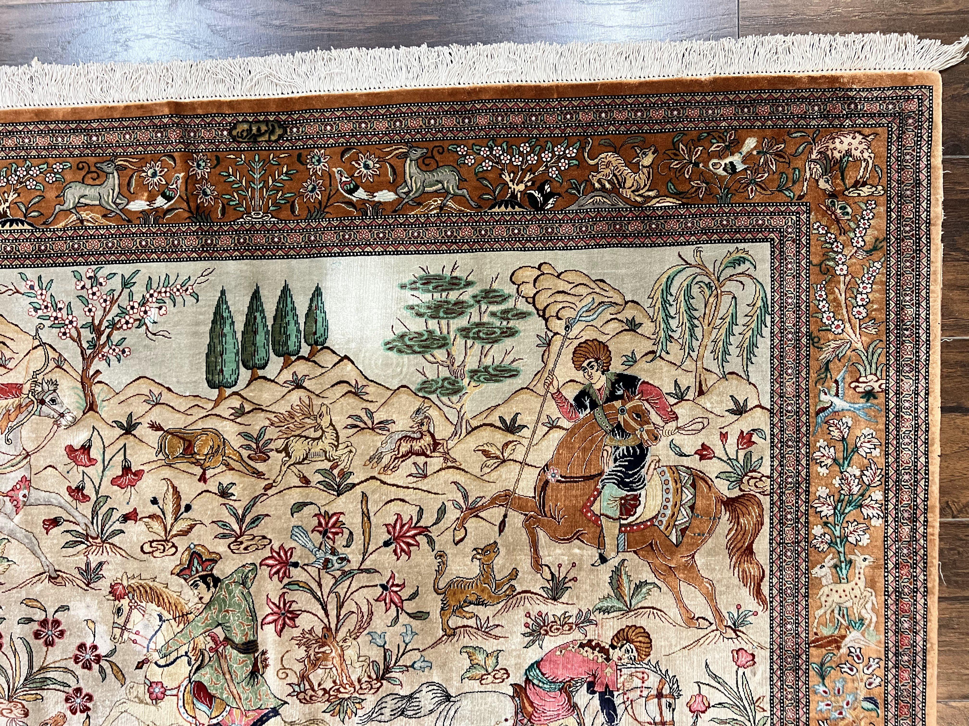 Silk Persian Qum Rug 3x5, Hunting Pattern, Handmade Vintage Carpet, Signed by Master Weaver, Horsemen Pictorials, Super Fine 650 KPSI - Jewel Rugs