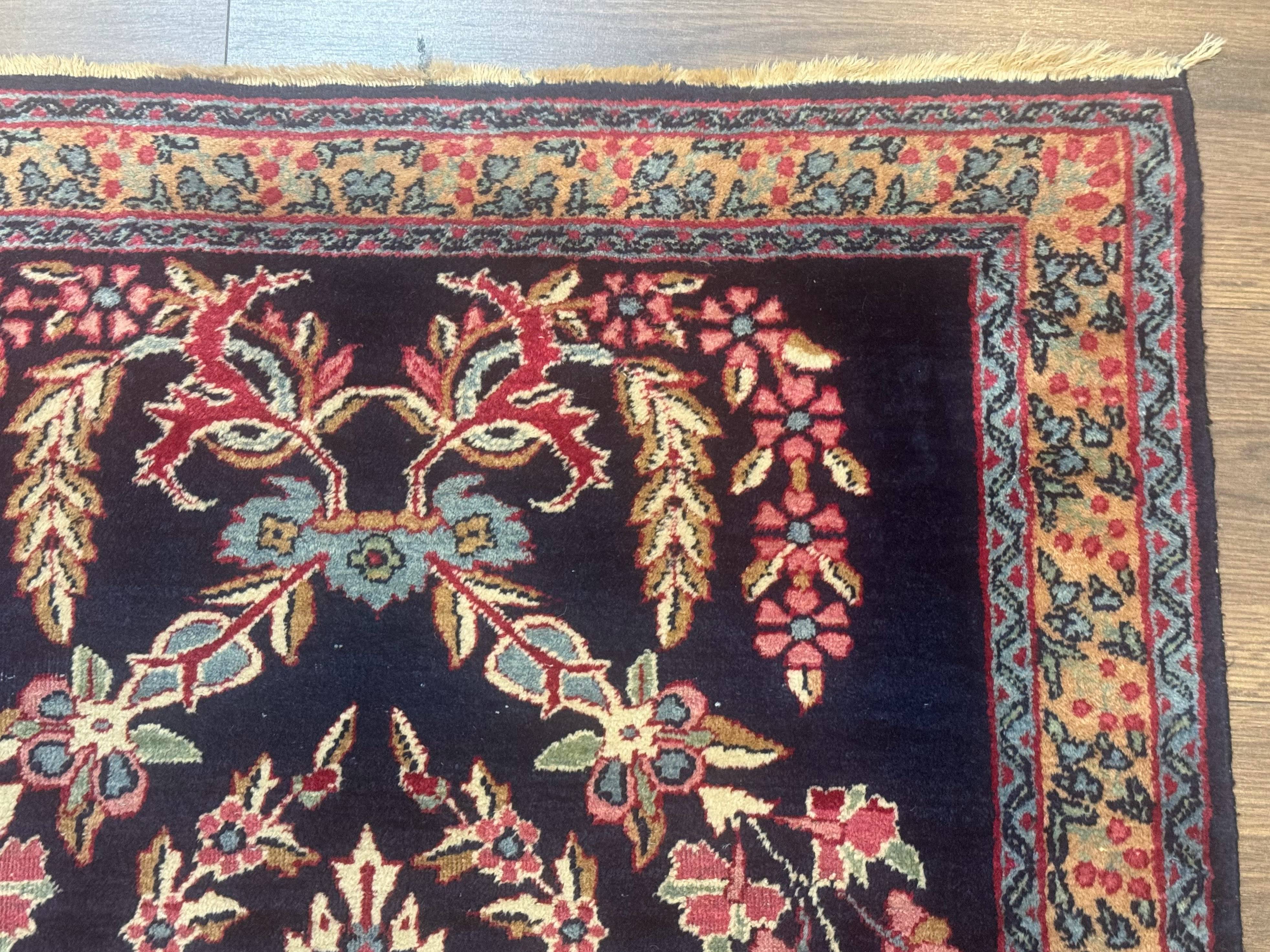 Antique Persian Kerman Rug 2.8 x 4, Navy Blue, Floral - Jewel Rugs