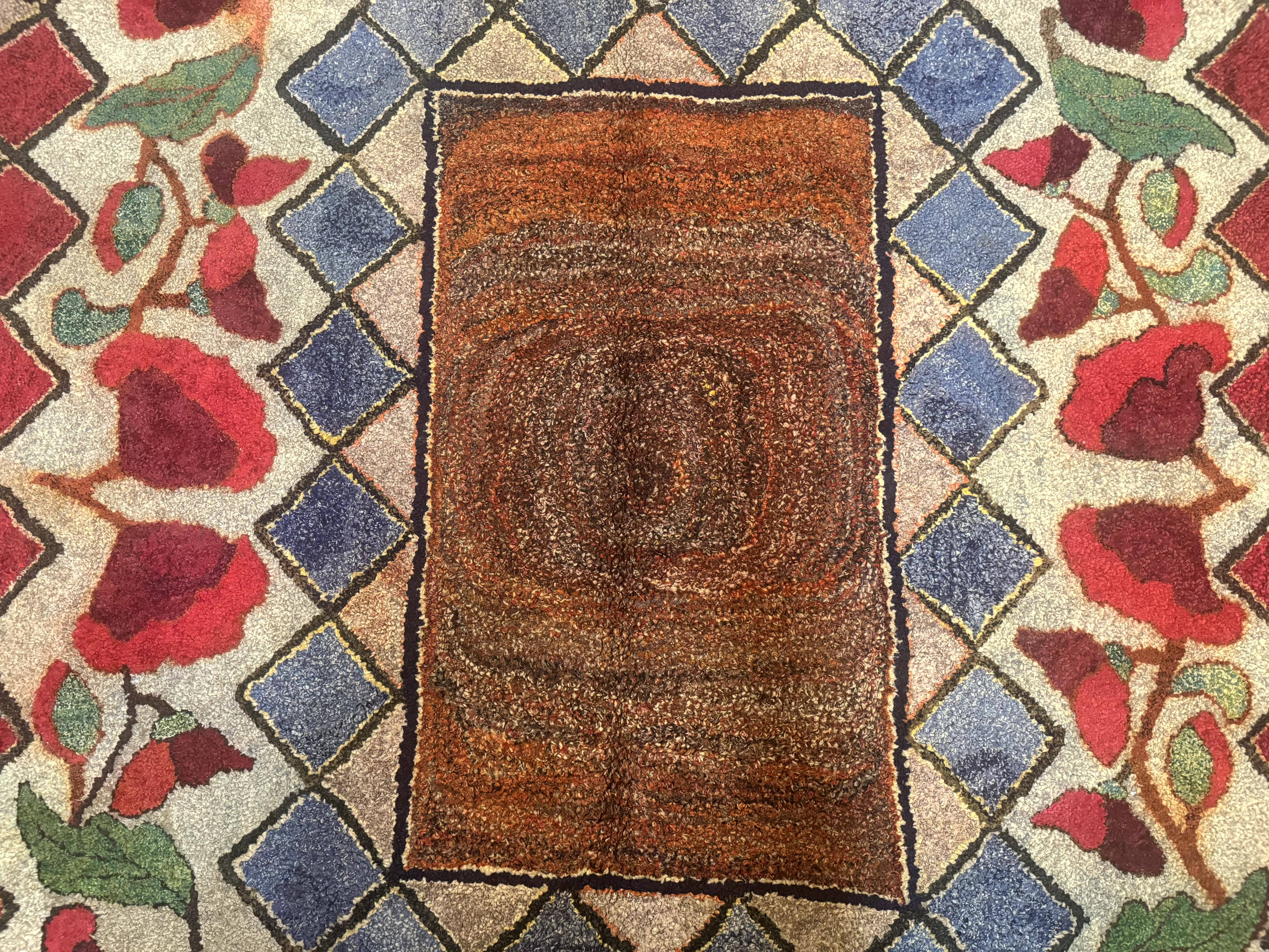 Vintage American Hooked Rug 6x7, Unique Colors, Red Lavender Cream, Abstract - Jewel Rugs