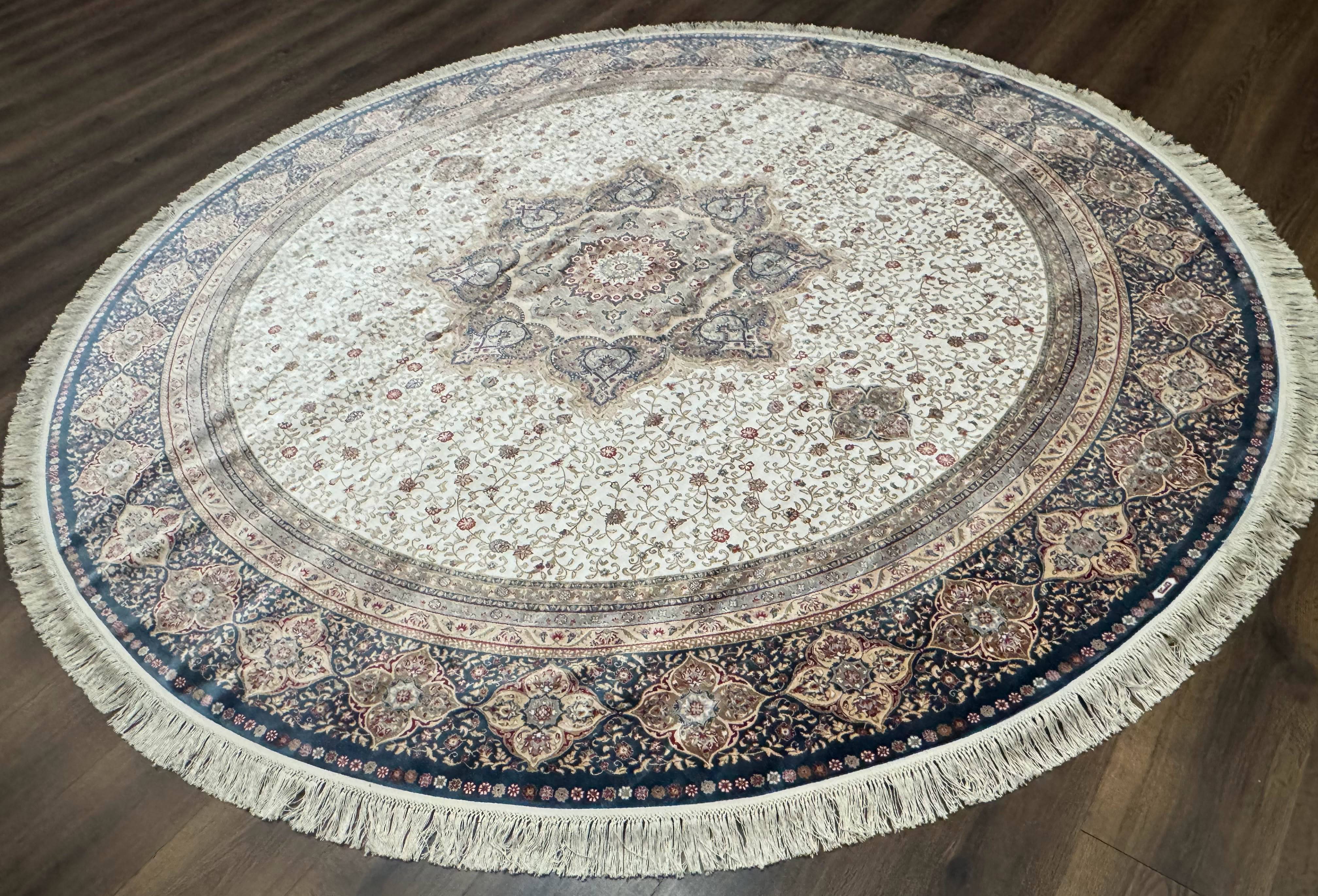 Large Turkish Round Silk Rug 8x8 ft, Floral Medallion, Ivory & Navy Blue, Bamboo Silk, New - Jewel Rugs
