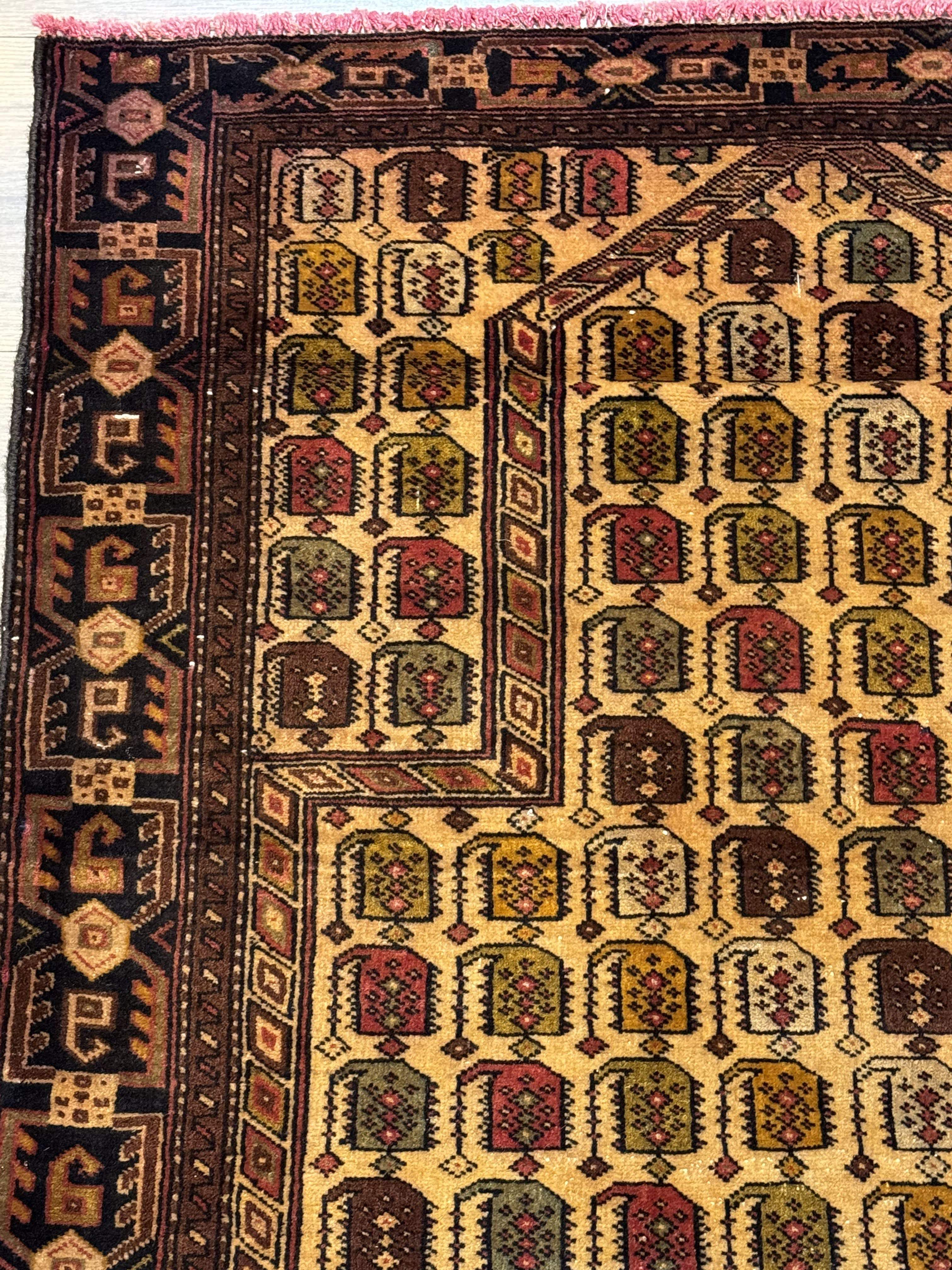 Persian Baluchi Prayer Rug 3x5 – Repeated Boteh Design, Golden-Tan, Handmade Wool Carpet - Jewel Rugs