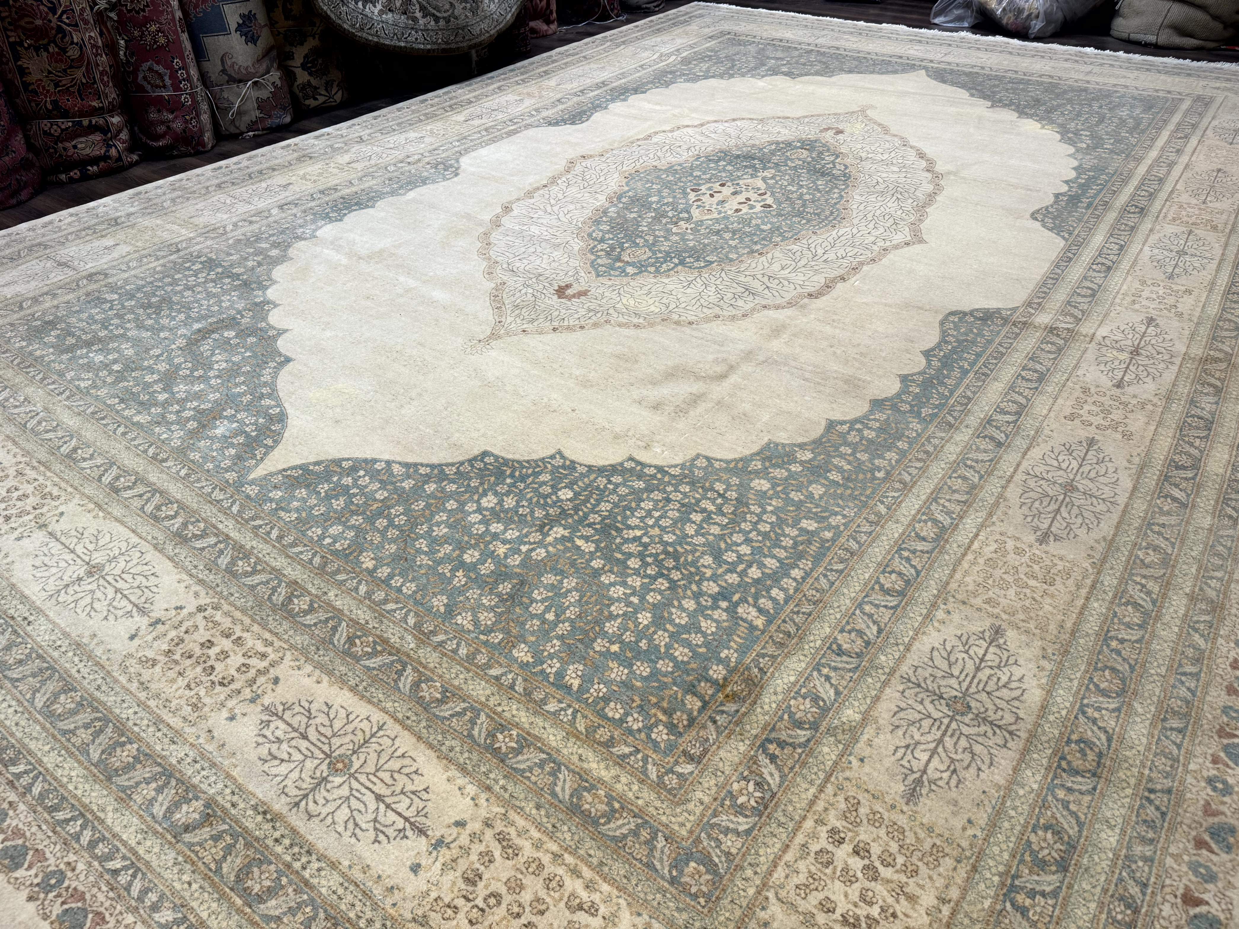 Palace Size Pak Persian Rug 12x18, Haji Jalili Design, Pakistani Carpet, Oat and Light Blue, Fine 260 KPSI - Jewel Rugs