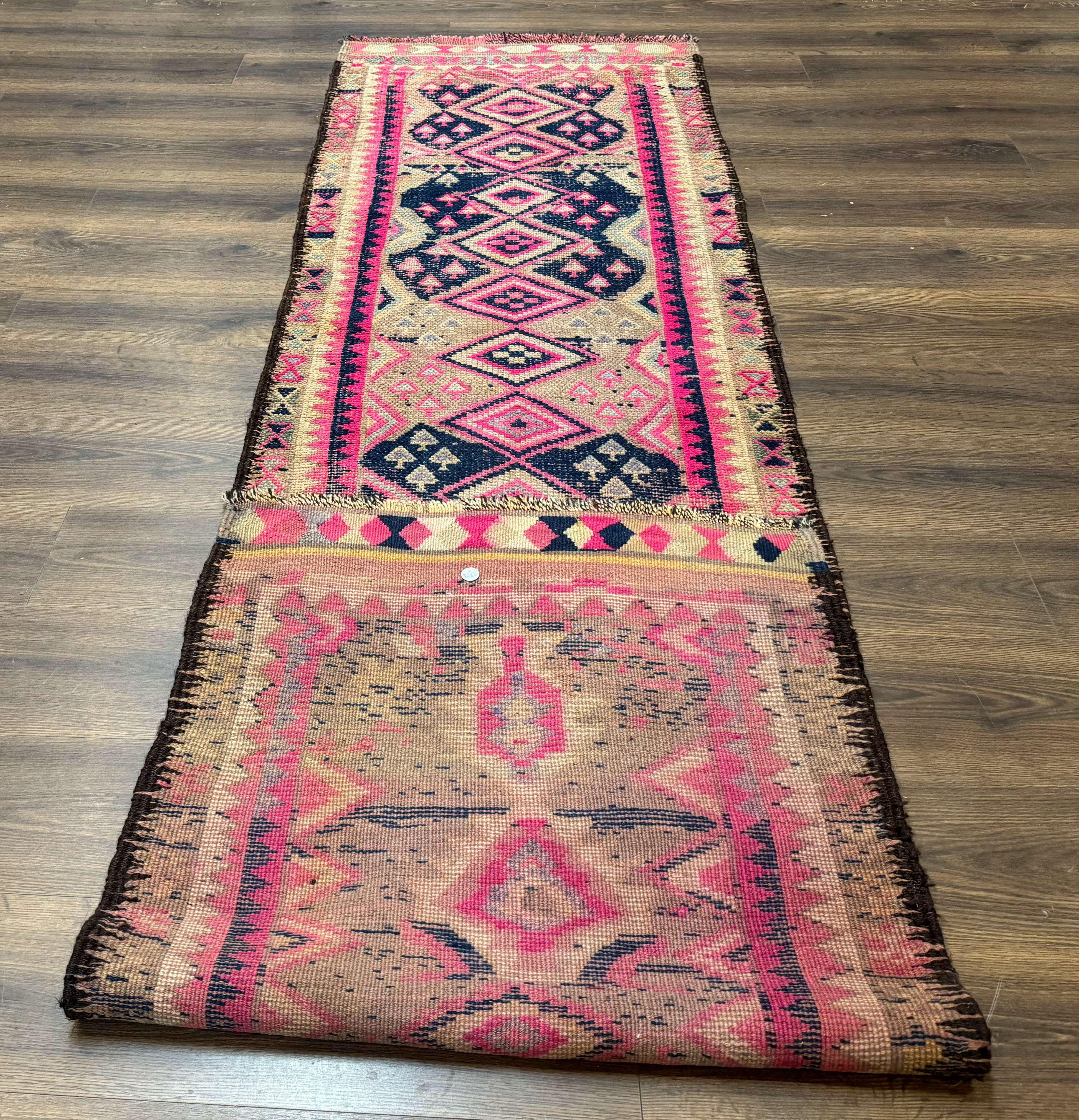 Turkish Runner Rug 3x10, Pink and Navy Blue, Bohemian Runner for Hallway or Kitchen, Vintage, Geometric, Tribal - Jewel Rugs