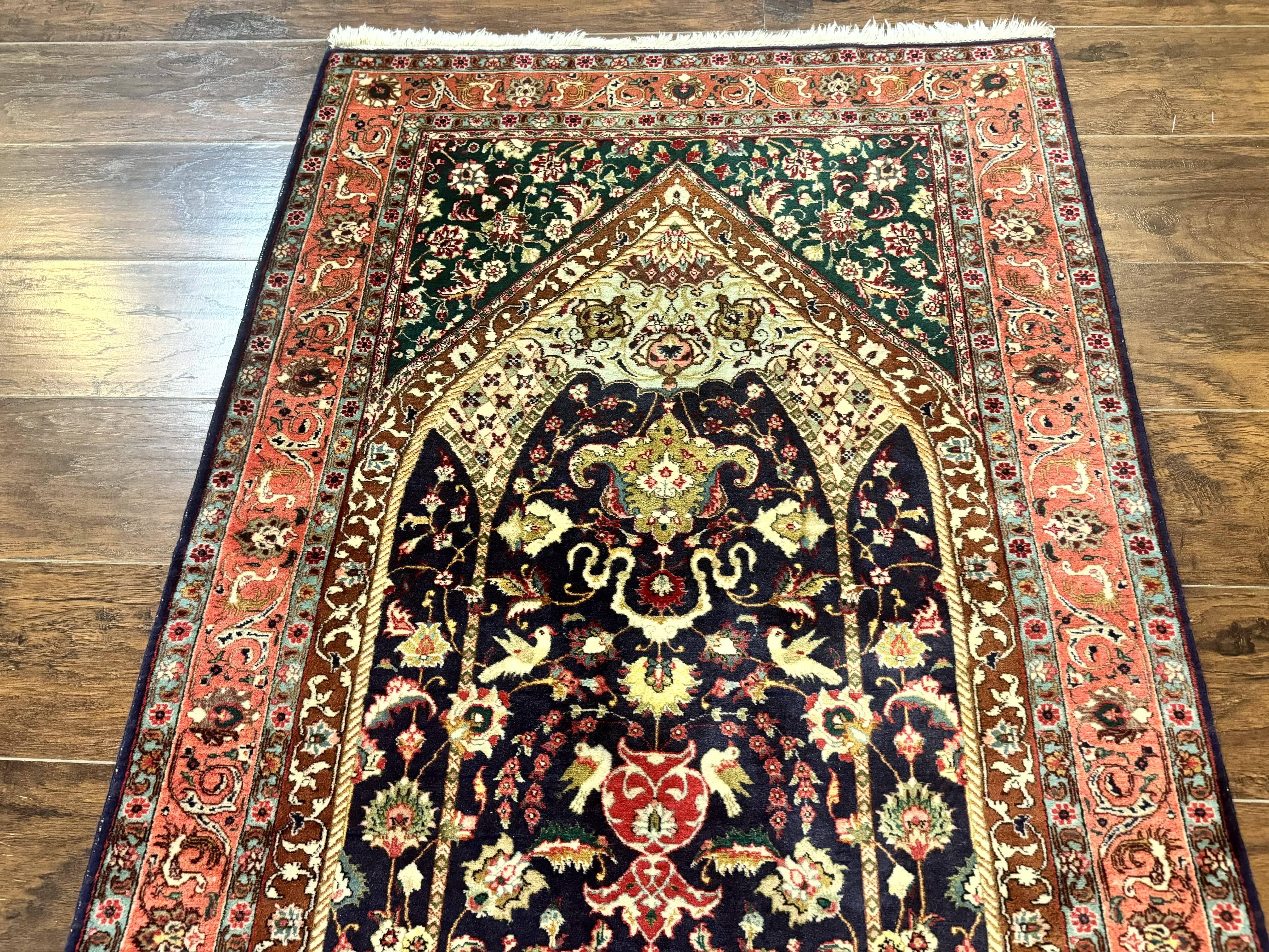 Persian Tabriz Rug 3x4, Navy Blue, Birds, Floral, Prayer Rug, Handmade Wool Rug, Finely Hand Knotted 325 KPSI - Jewel Rugs