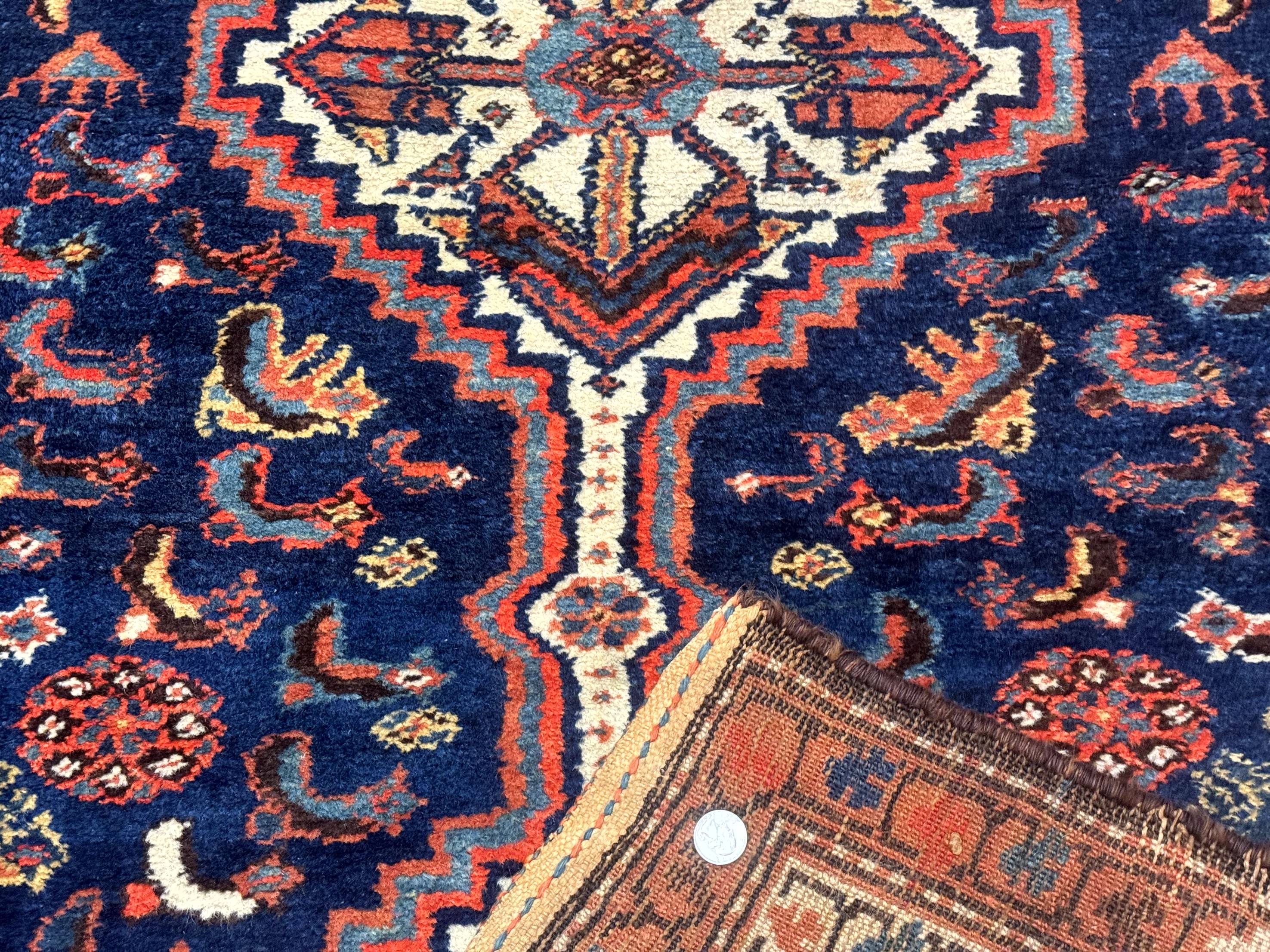 Antique Persian Hamadan Rug 4x6, Geometric, Double Medallions, Navy Blue, Tribal Carpet - Jewel Rugs