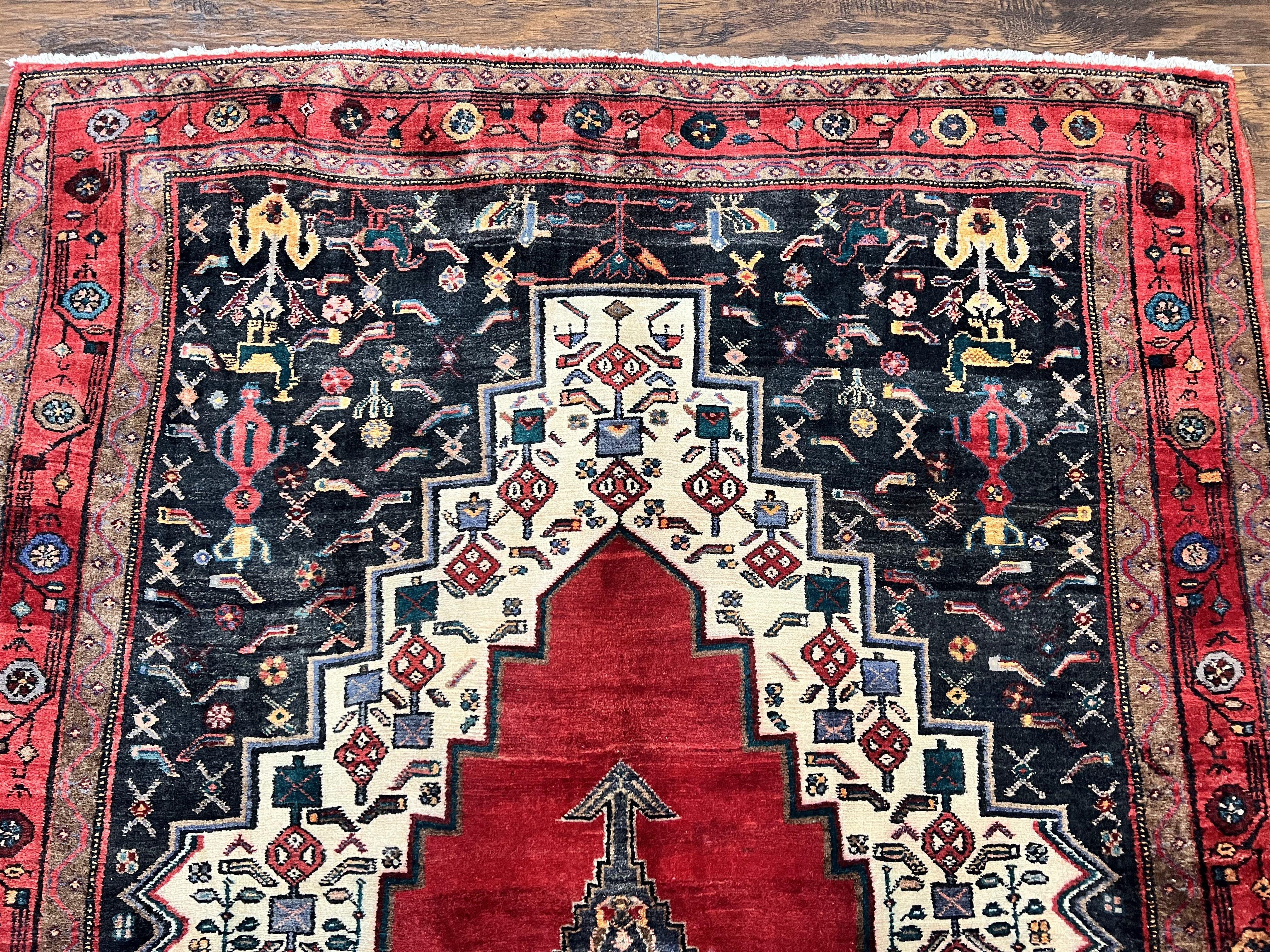 Persian Rug 5x12 ft, Red Cream Navy Blue, Pictorials, Hand Knotted Handmade Wide Runner Tribal Bidjar Semi Antique Wool Geometric Oriental Rug - Jewel Rugs