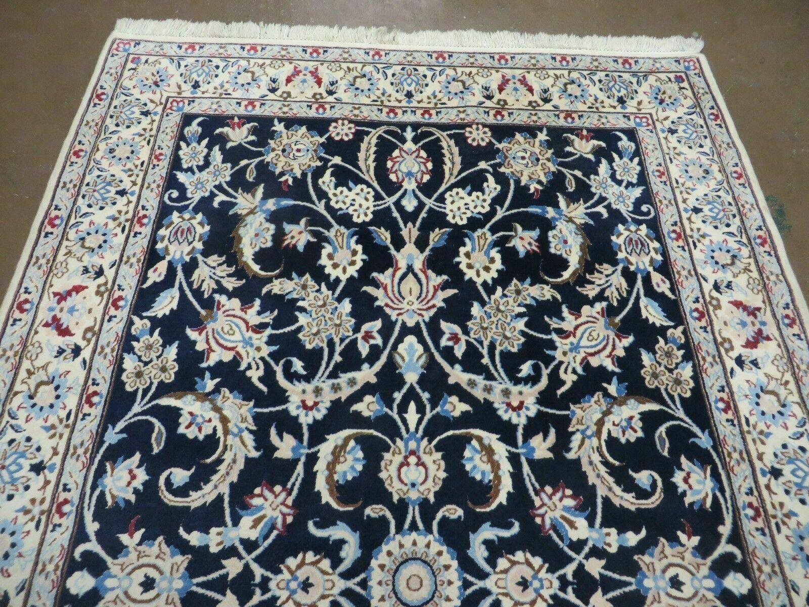 Persian Nain Rug 4x7, Navy Blue and Ivory, Handmade, Wool & Silk Highlights, Fine Oriental Rug, Vintage - Jewel Rugs