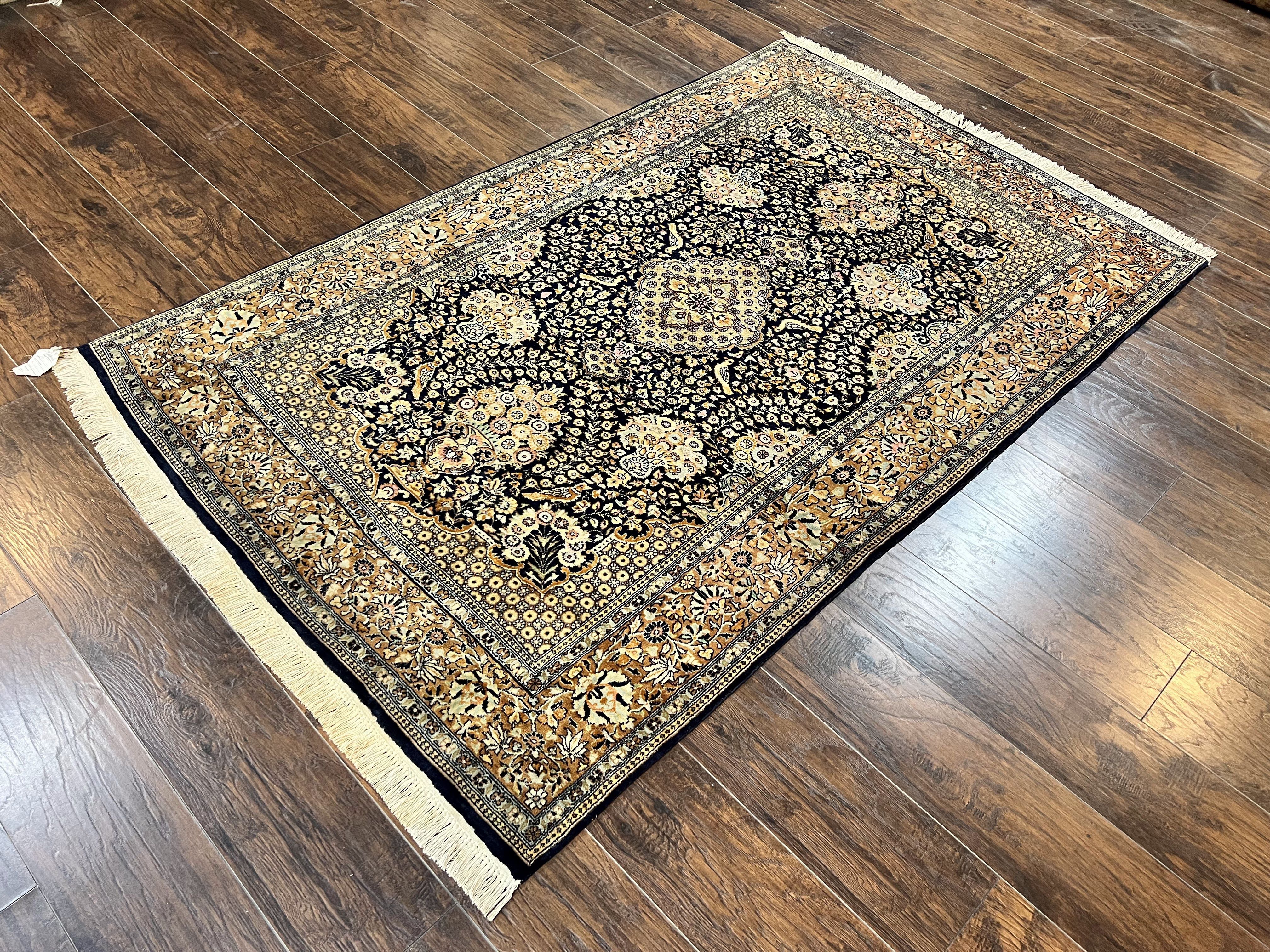 Pak Persian Rug 5x7, Wool Hand Knotted Vintage Fine Oriental Carpet, Birds, Floral Medallion, Traditional Oriental Rug, Dark Blue - Jewel Rugs