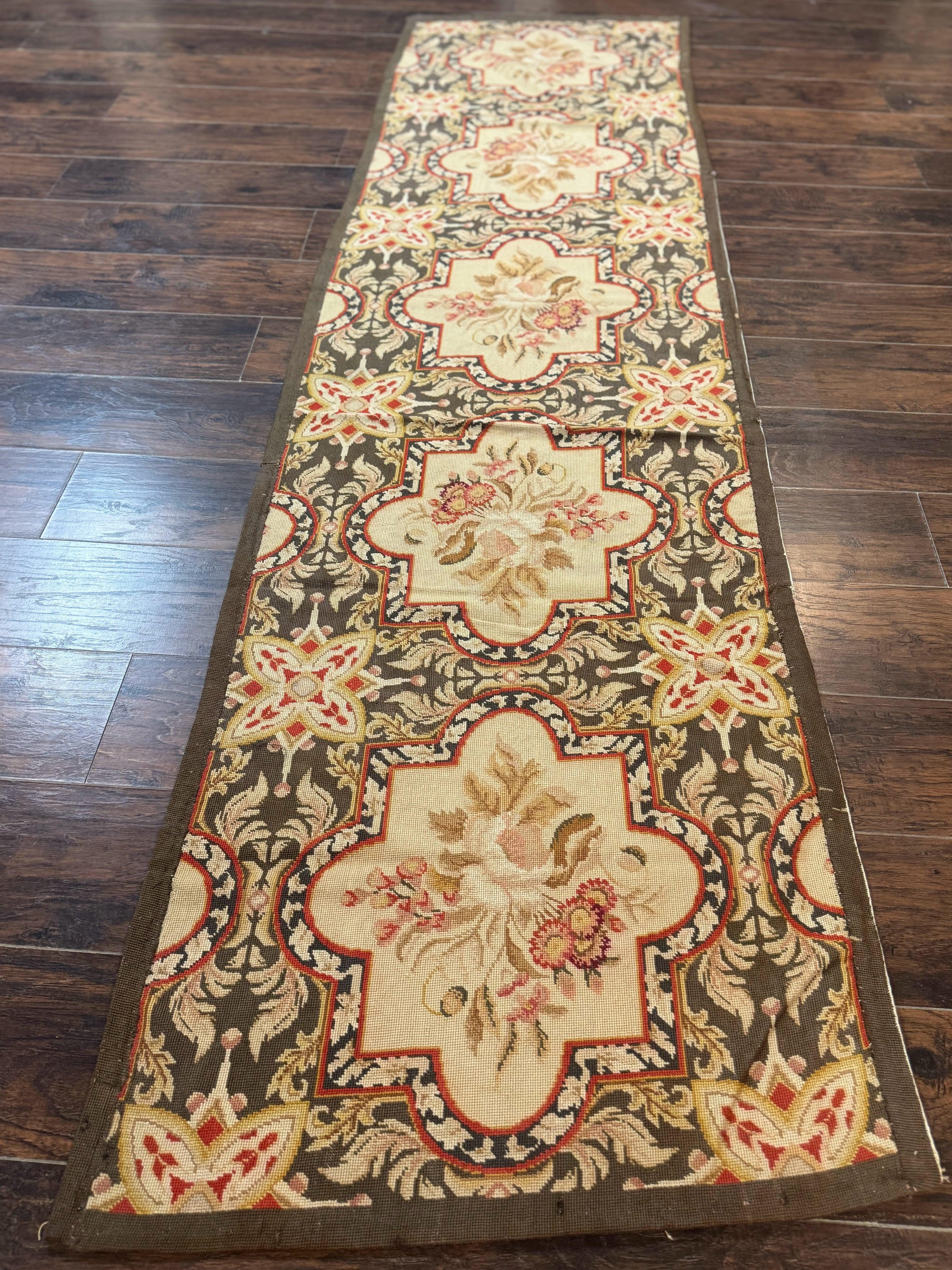 Needlepoint Runner Rug 2.7 x 9.7, European French Design, Wool, Handmade, Vintage - Jewel Rugs