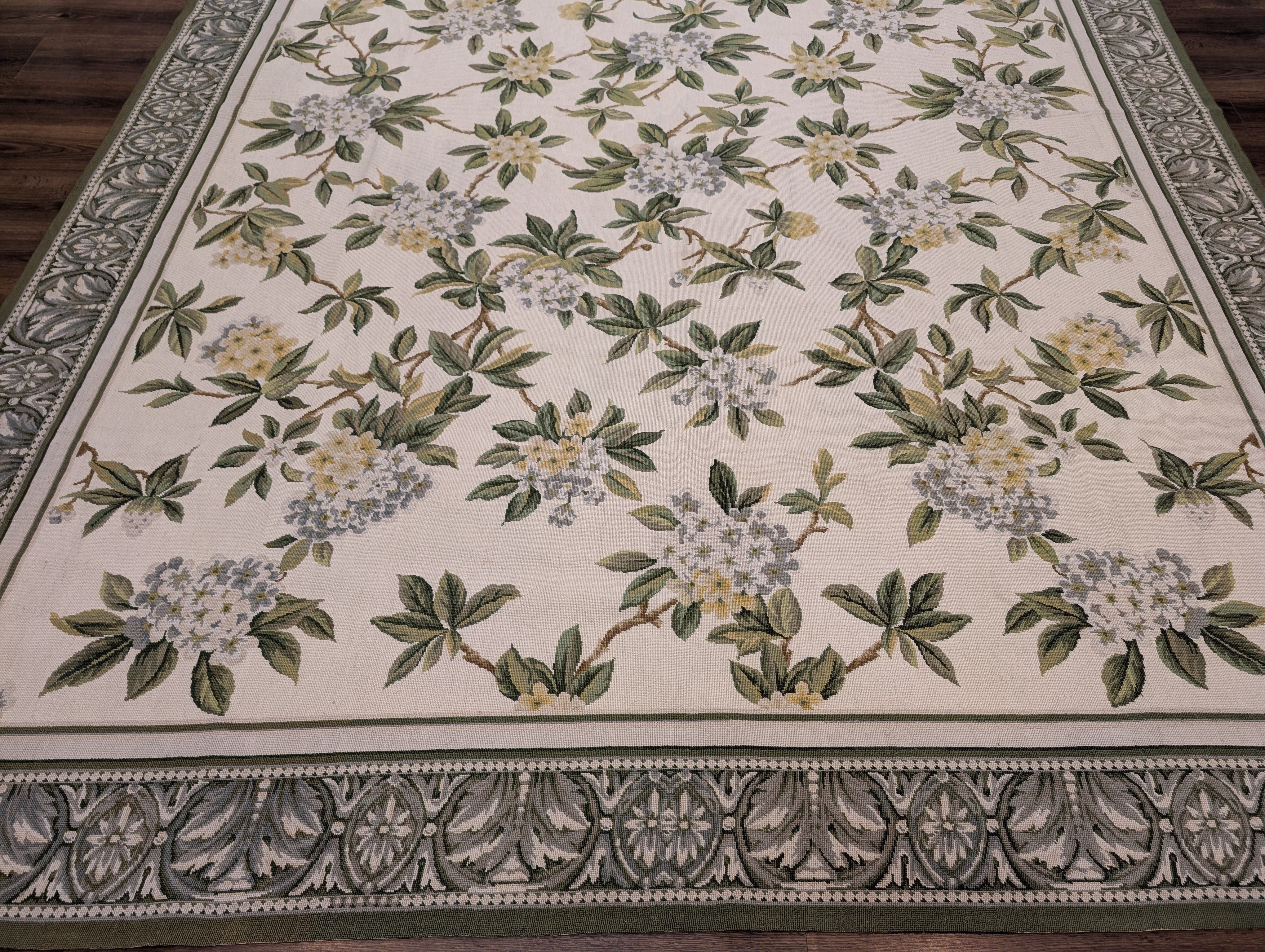 Needlepoint Rug 9x12, Floral, Ivory and Green, Wool - Jewel Rugs