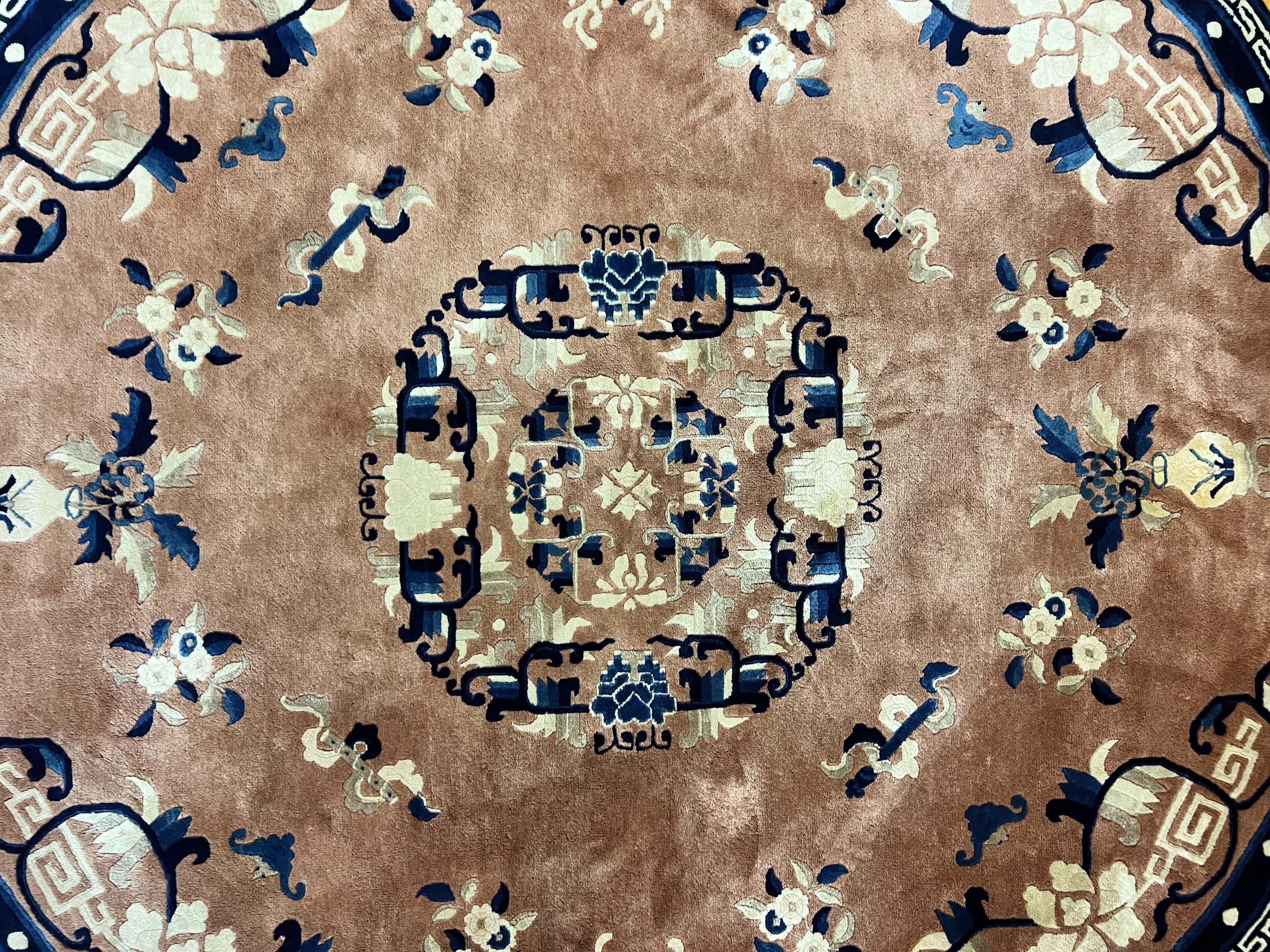 Antique Round Chinese Wool Rug 8x8, Chinese Peking Carpet, Asian Oriental Carpet 8 x 8 ft, Chinese Art Deco Rug, Nichols Rug - Jewel Rugs